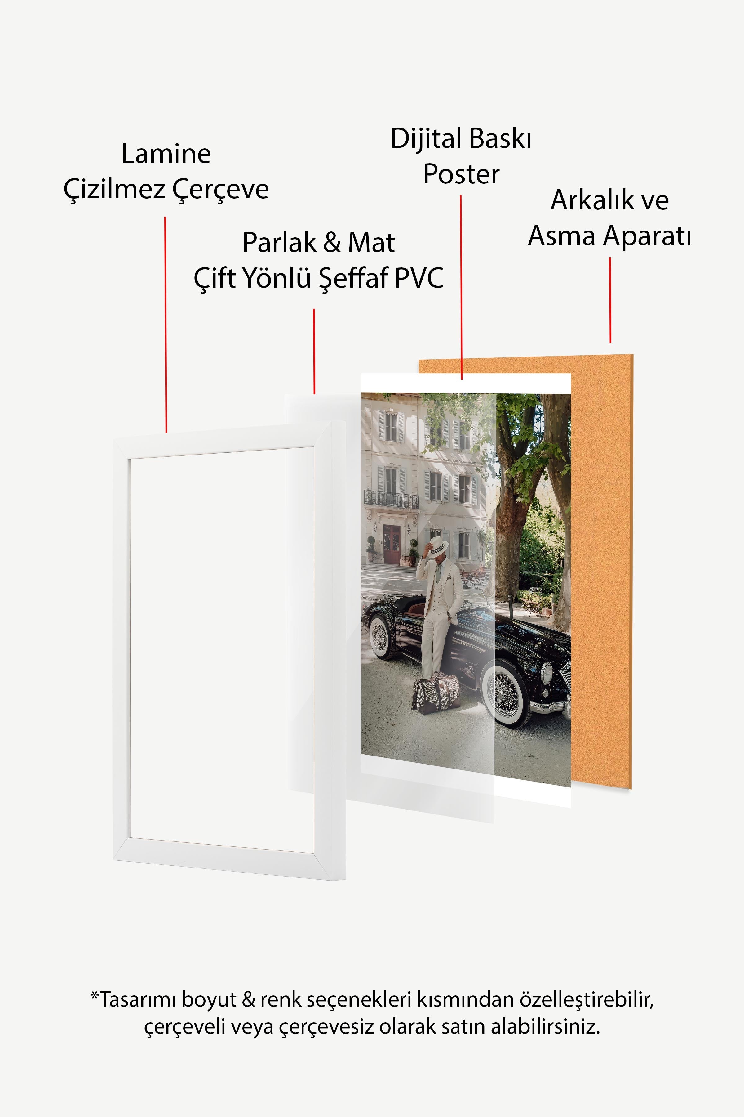 Klasik Araba ve Adam Posteri, Beyaz Çerçeveli Poster, Old Money Serisi, NO:113194