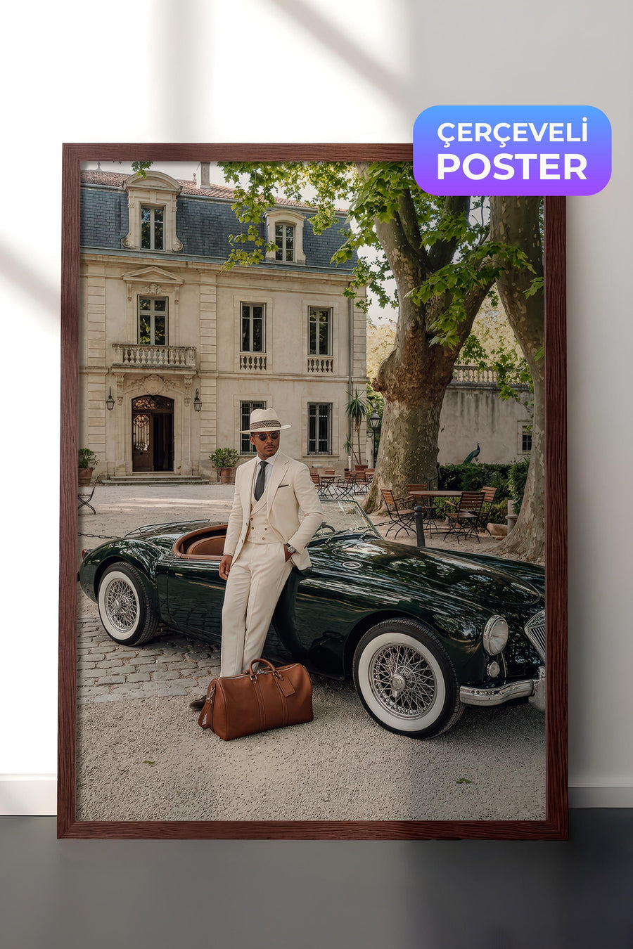 Klasik Araba ve Şık Adam Old Money Tasarımlar Poster – Kahverengi Çerçeveli Tablo