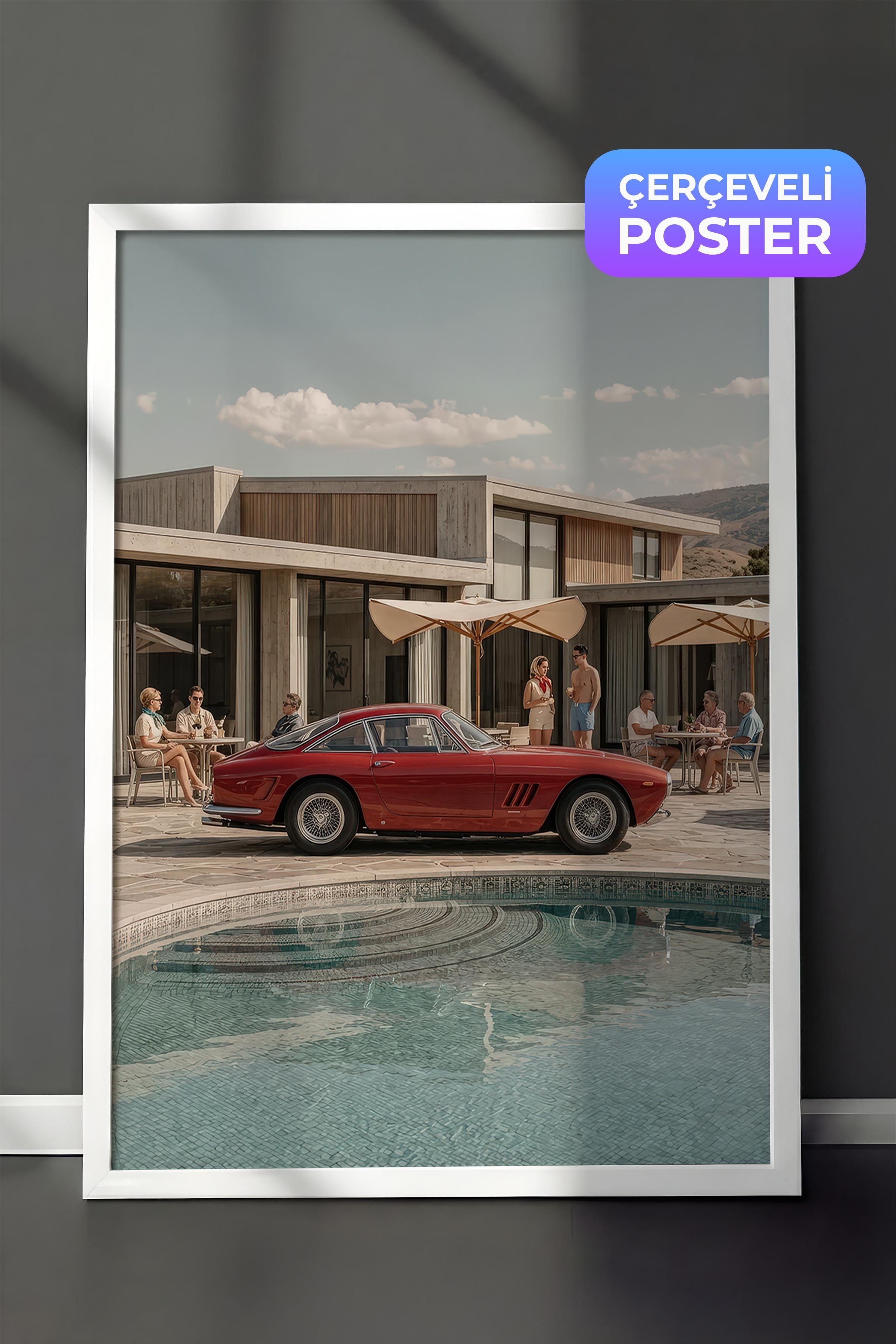 Klasik Araba ve Havuz Posteri, Beyaz Çerçeveli Poster, Old Money Serisi, NO:113187