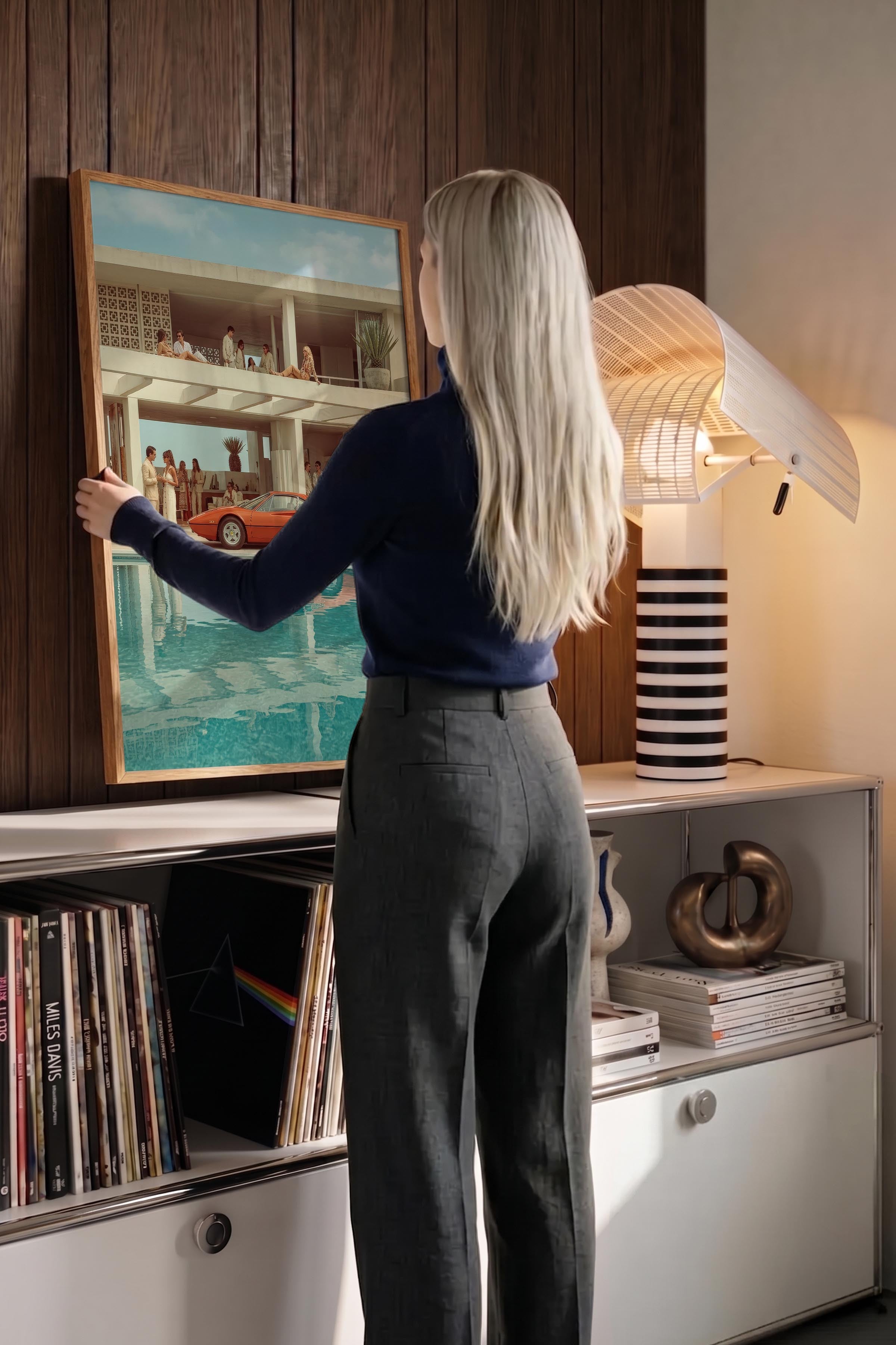 Klasik Araba ve Modern Mimari Posteri, Ahşap Çerçeveli Poster, Old Money Serisi, NO:113168