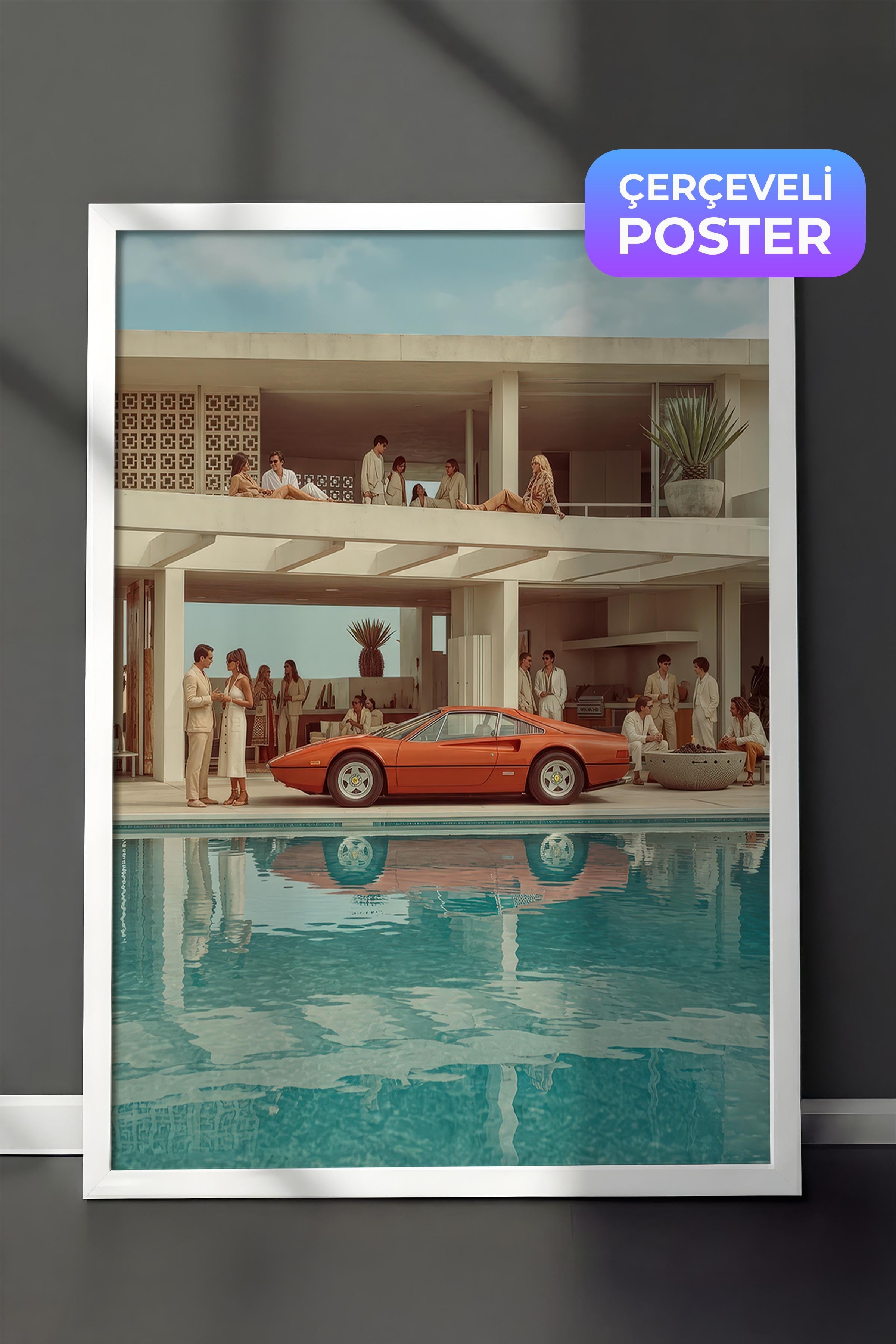 Klasik Araba ve Modern Mimari Posteri, Beyaz Çerçeveli Poster, Old Money Serisi, NO:113168