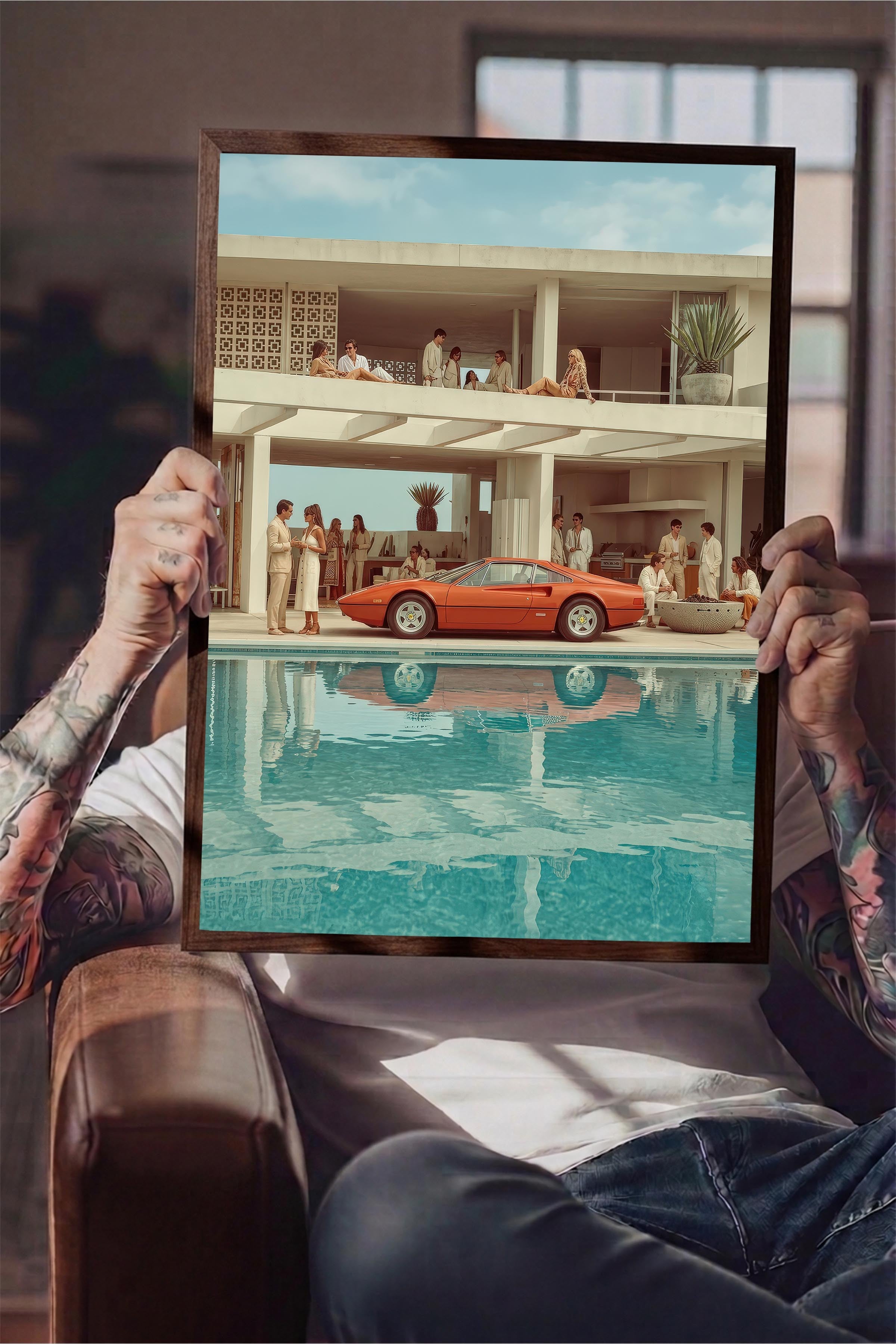 Klasik Araba ve Modern Mimari Posteri, Kahverengi Çerçeveli Poster, Old Money Serisi, NO:113168