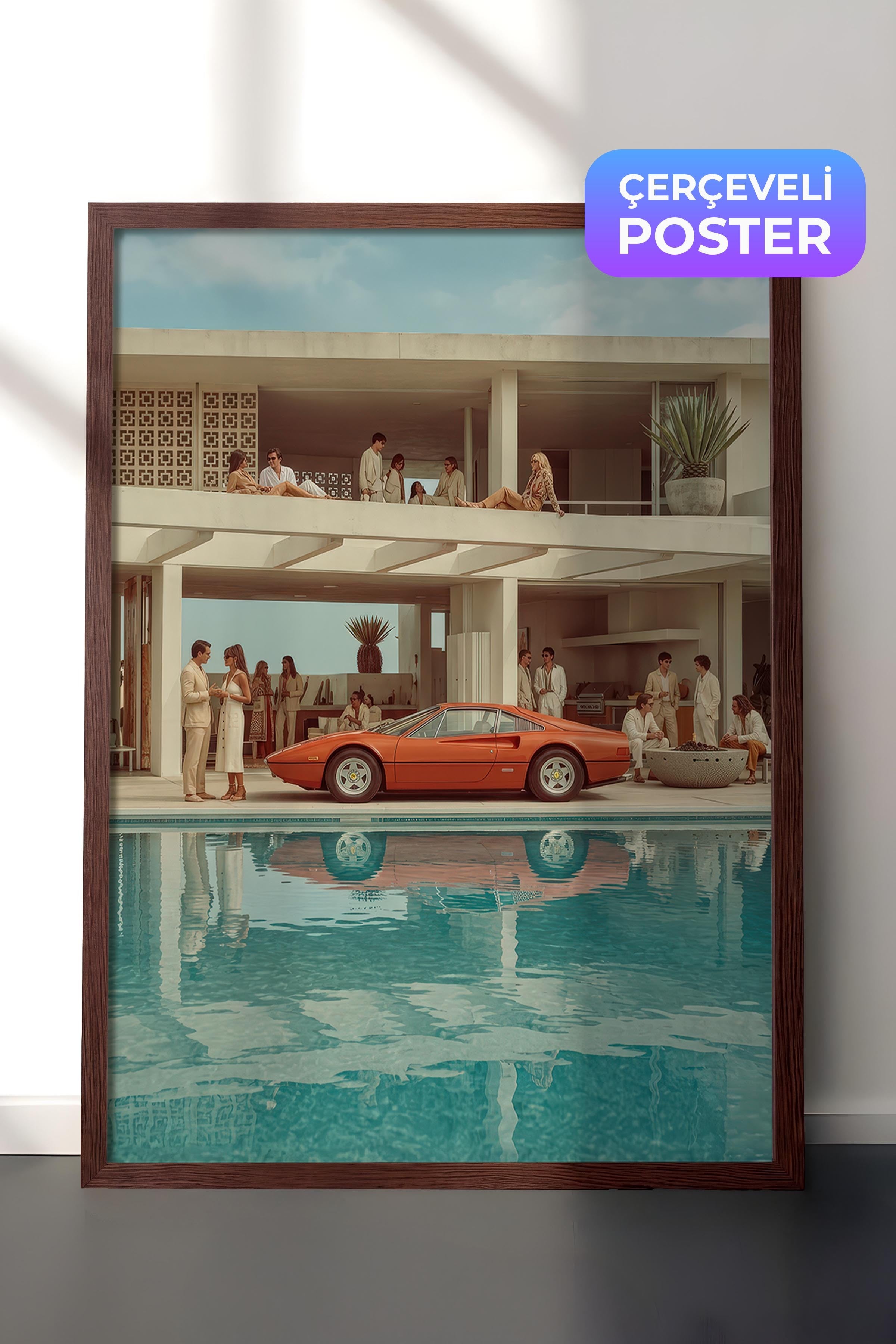 Klasik Araba ve Modern Mimari Posteri, Kahverengi Çerçeveli Poster, Old Money Serisi, NO:113168