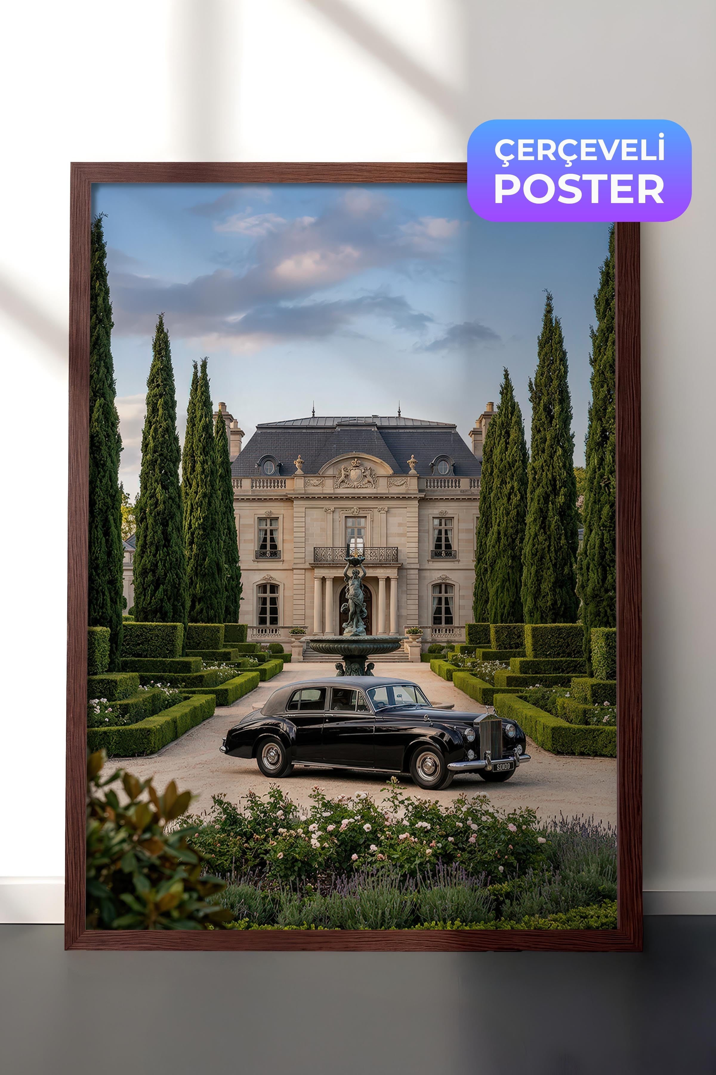 Klasik Araba ve Şato Posteri, Kahverengi Çerçeveli Poster, Old Money Serisi, NO:113131