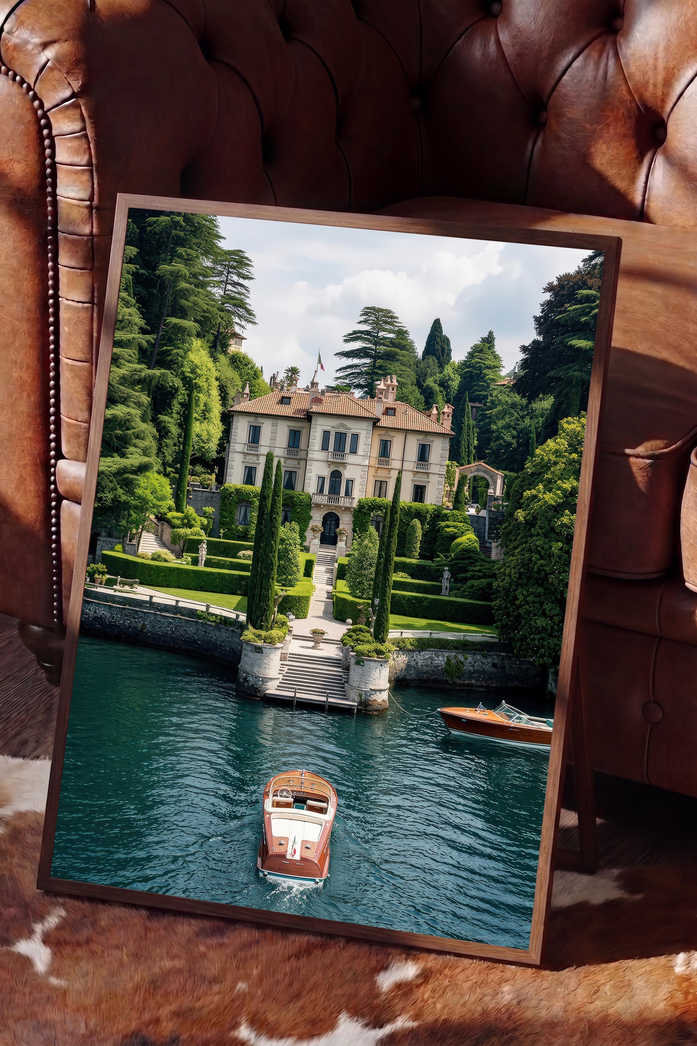 Klasik Villa ve Tekne Posteri, Kahverengi Çerçeveli Poster, Old Money Serisi, NO:113139