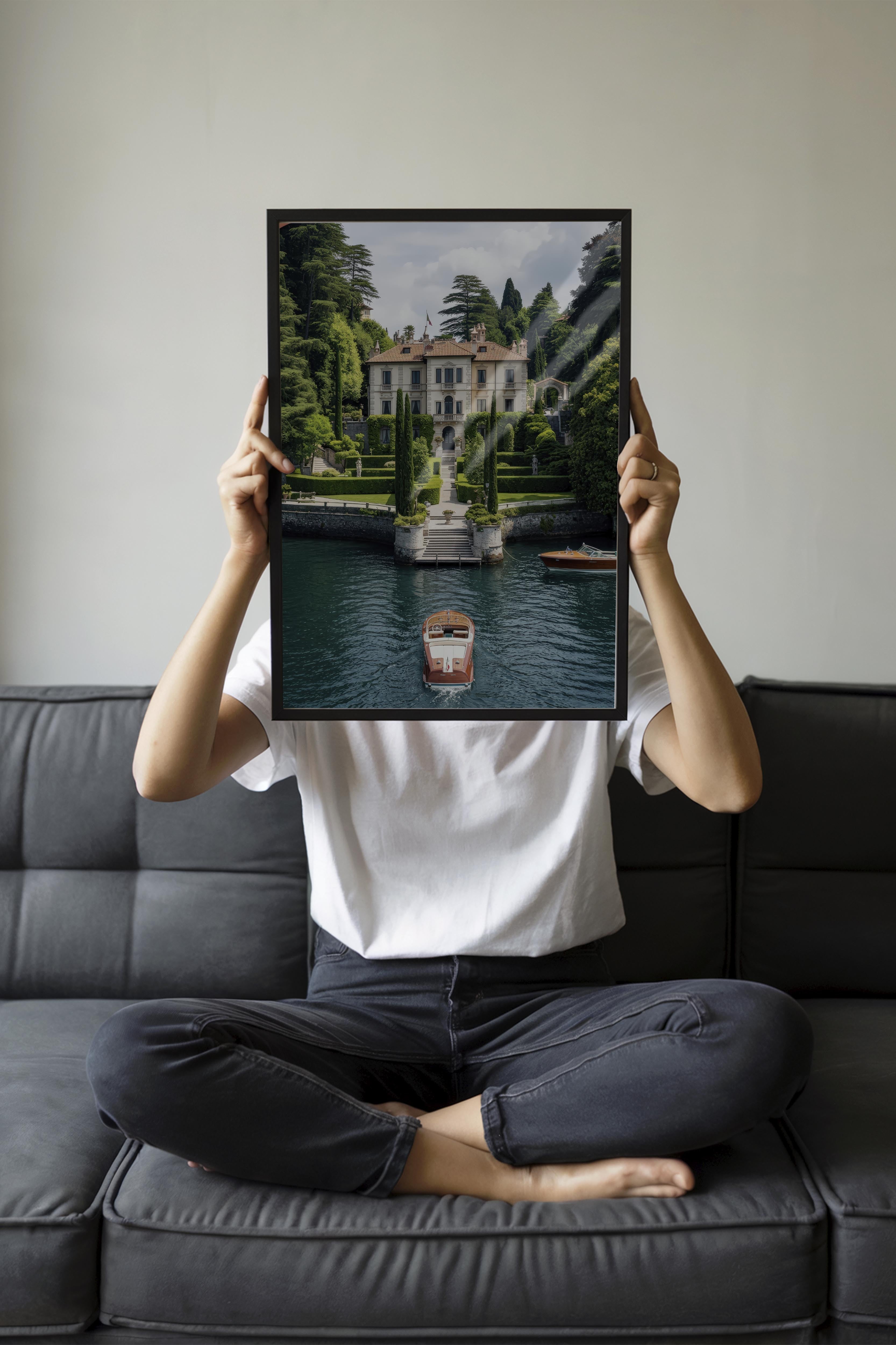 Klasik Villa ve Tekne Posteri, Siyah Çerçeveli Poster, Old Money Serisi, NO:113139