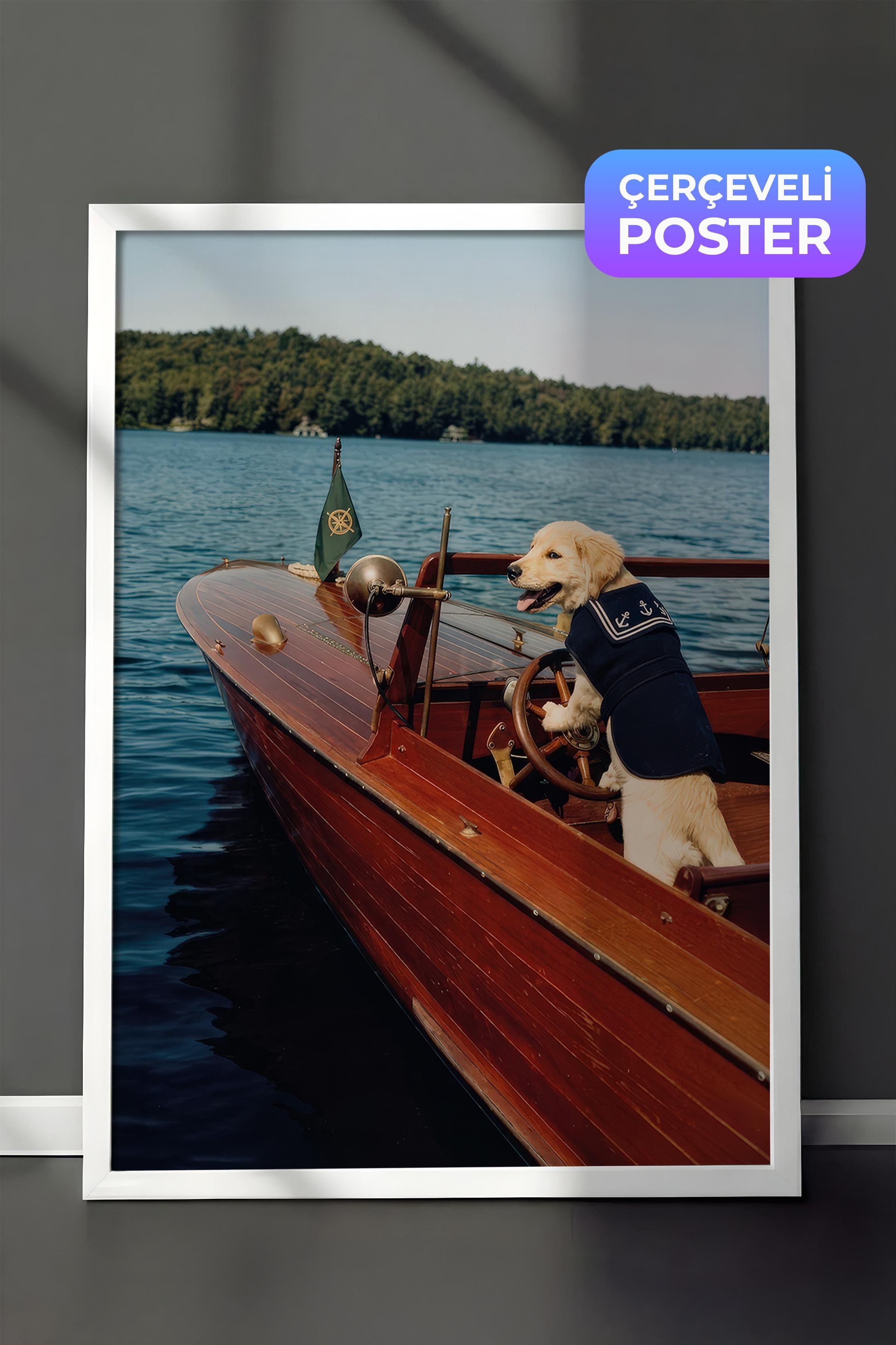 Köpek ve Tekne Posteri, Beyaz Çerçeveli Poster, Old Money Serisi, NO:113147