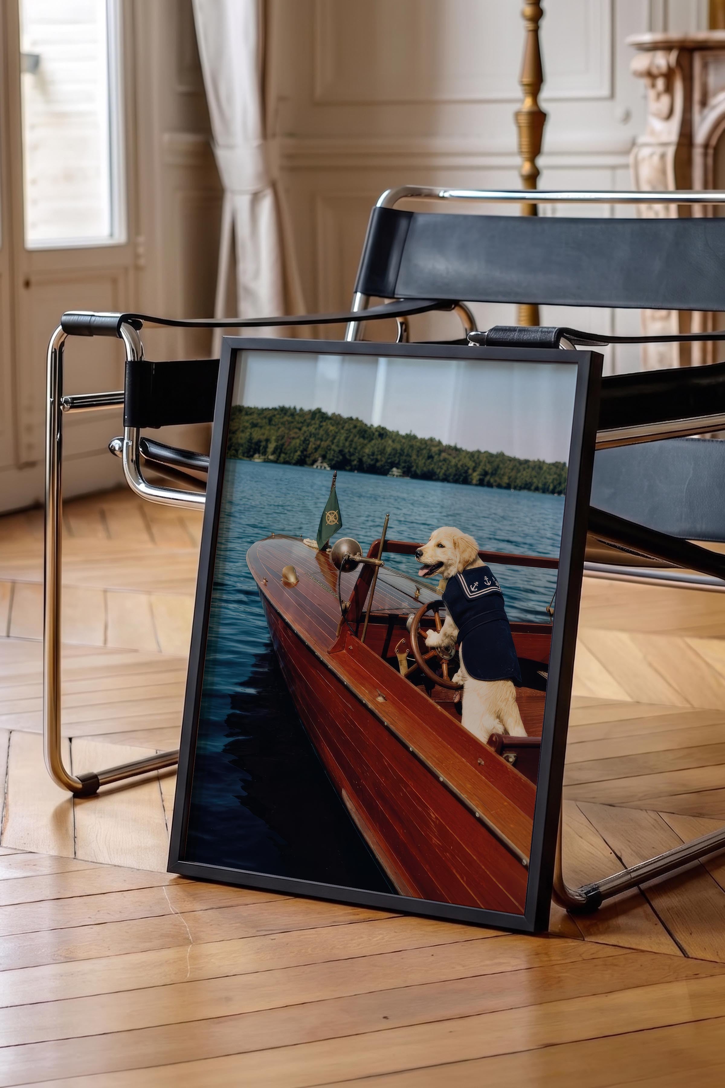 Köpek ve Tekne Posteri, Siyah Çerçeveli Poster, Old Money Serisi, NO:113147