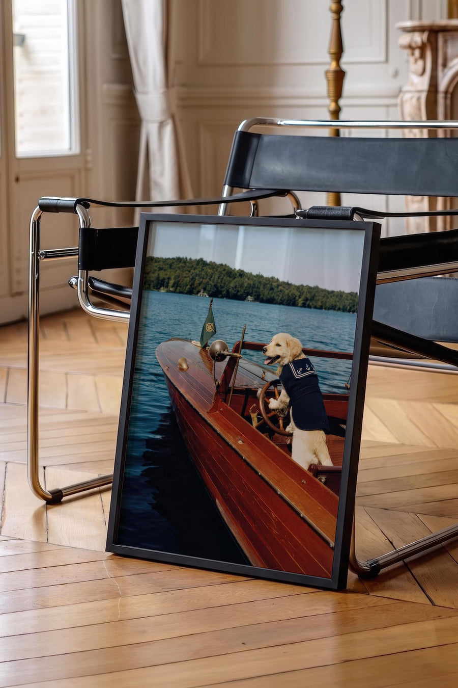 Mavi Gölde Köpek ve Tekne Old Money Poster – Siyah Çerçeveli Tablo