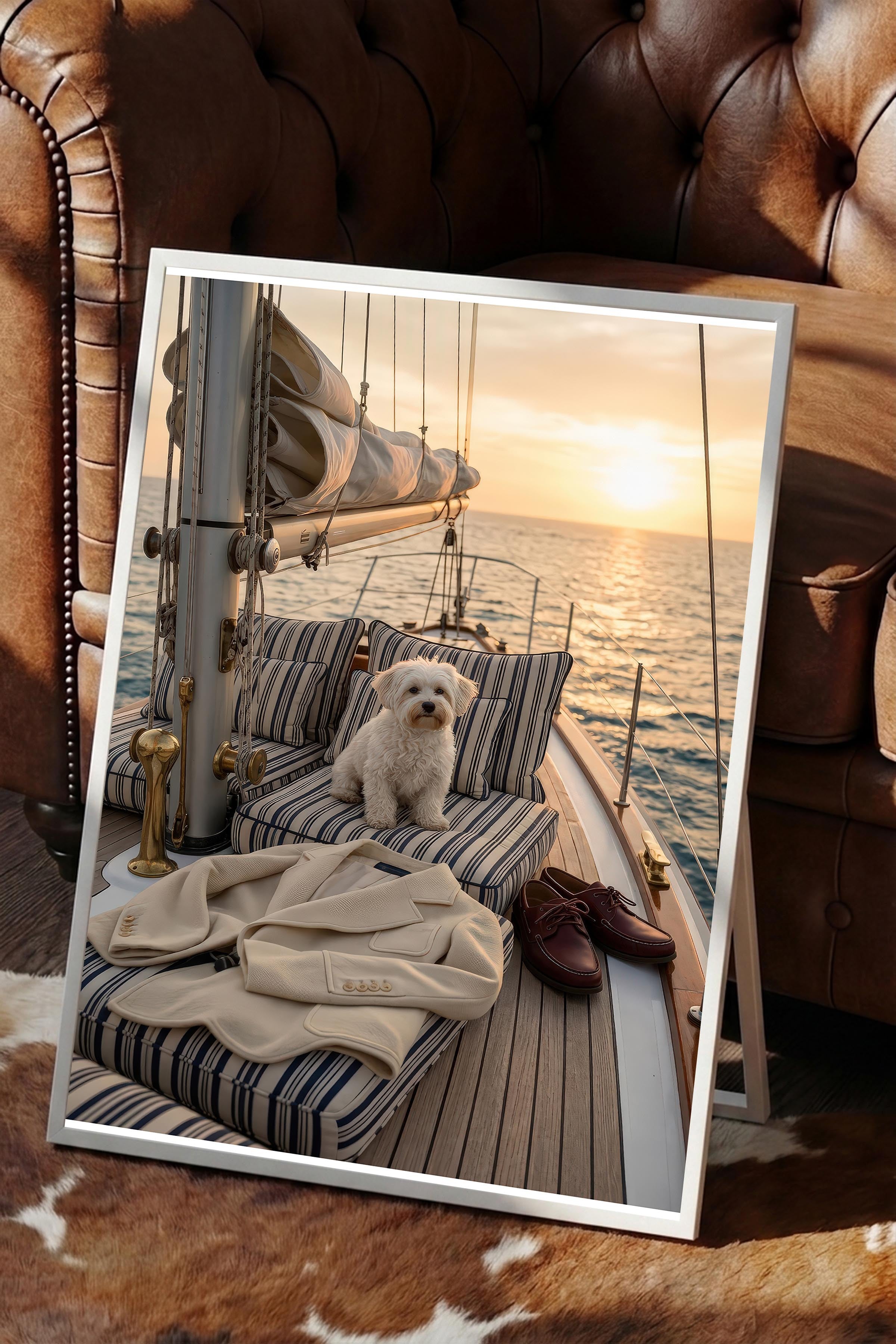 Köpek ve Yelkenli Posteri, Beyaz Çerçeveli Poster, Old Money Serisi, NO:113197