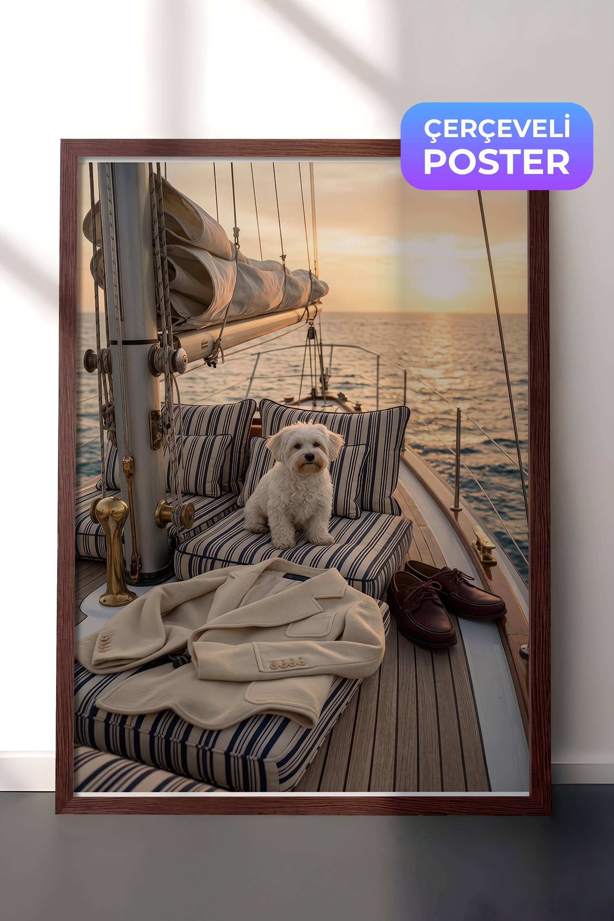 Köpek ve Yelkenli Posteri, Kahverengi Çerçeveli Poster, Old Money Serisi, NO:113197