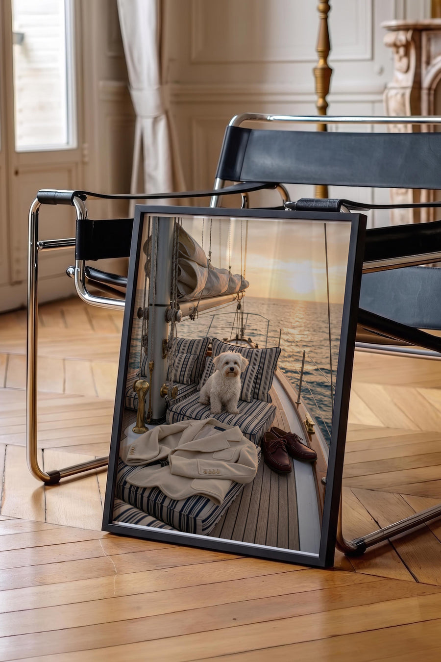 Yat Üzerinde Küçük Köpek Old Money Tasarımlar Poster – Siyah Çerçeveli Tablo