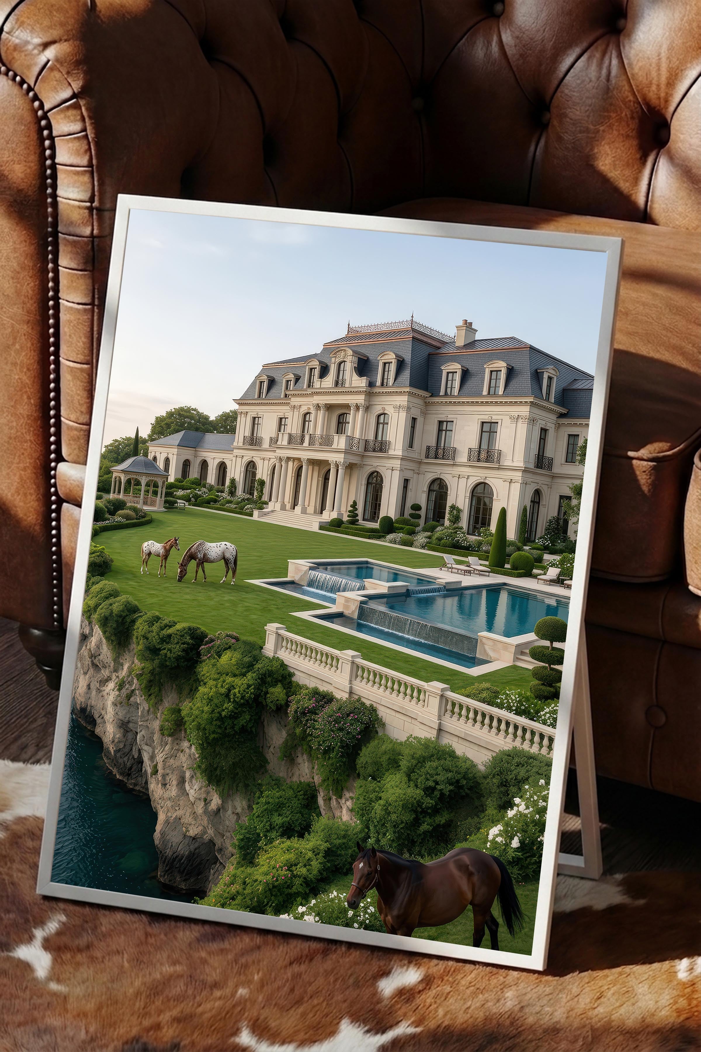 Köşk ve Atlar Posteri, Beyaz Çerçeveli Poster, Old Money Serisi, NO:113135