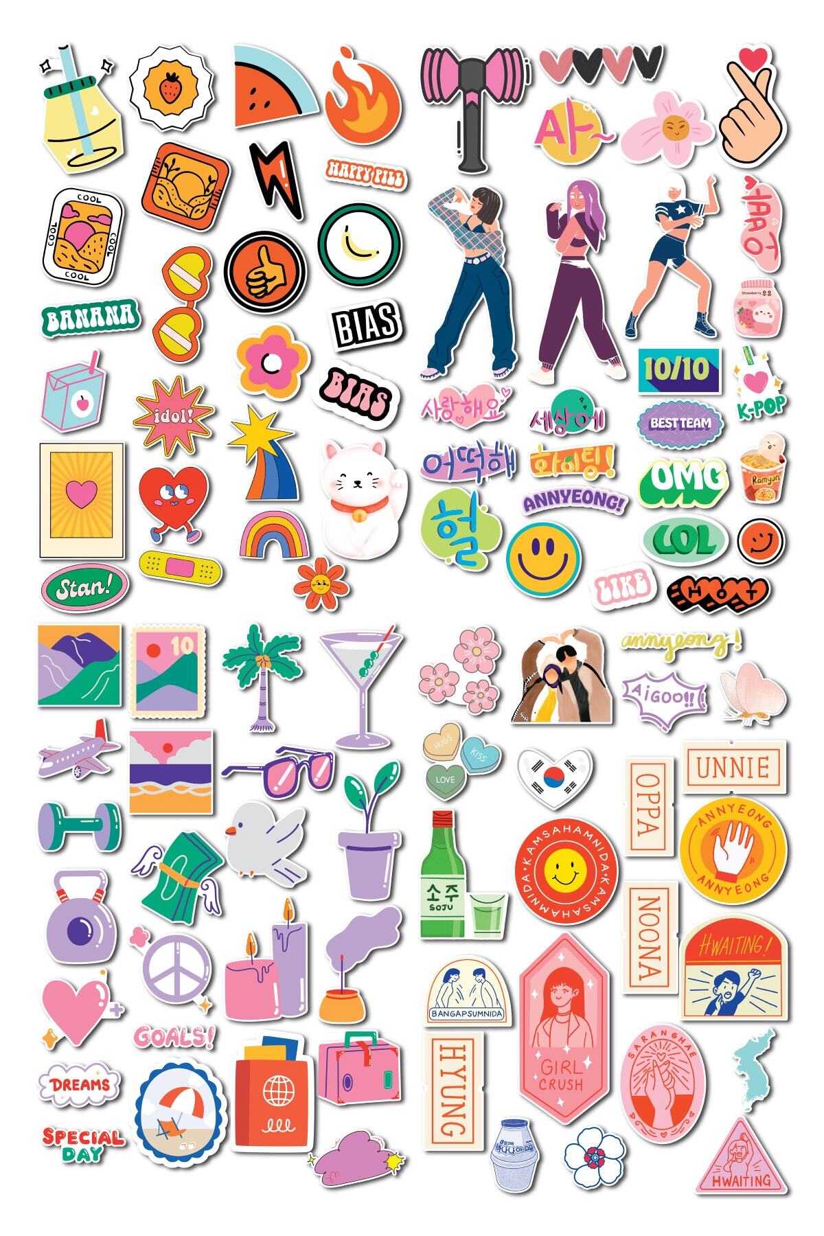 Kpop Temalı Sticker Seti - 96 Adet Etiket Seti- Telefon, Tablet, Defter Laptop Uyumlu Etiket