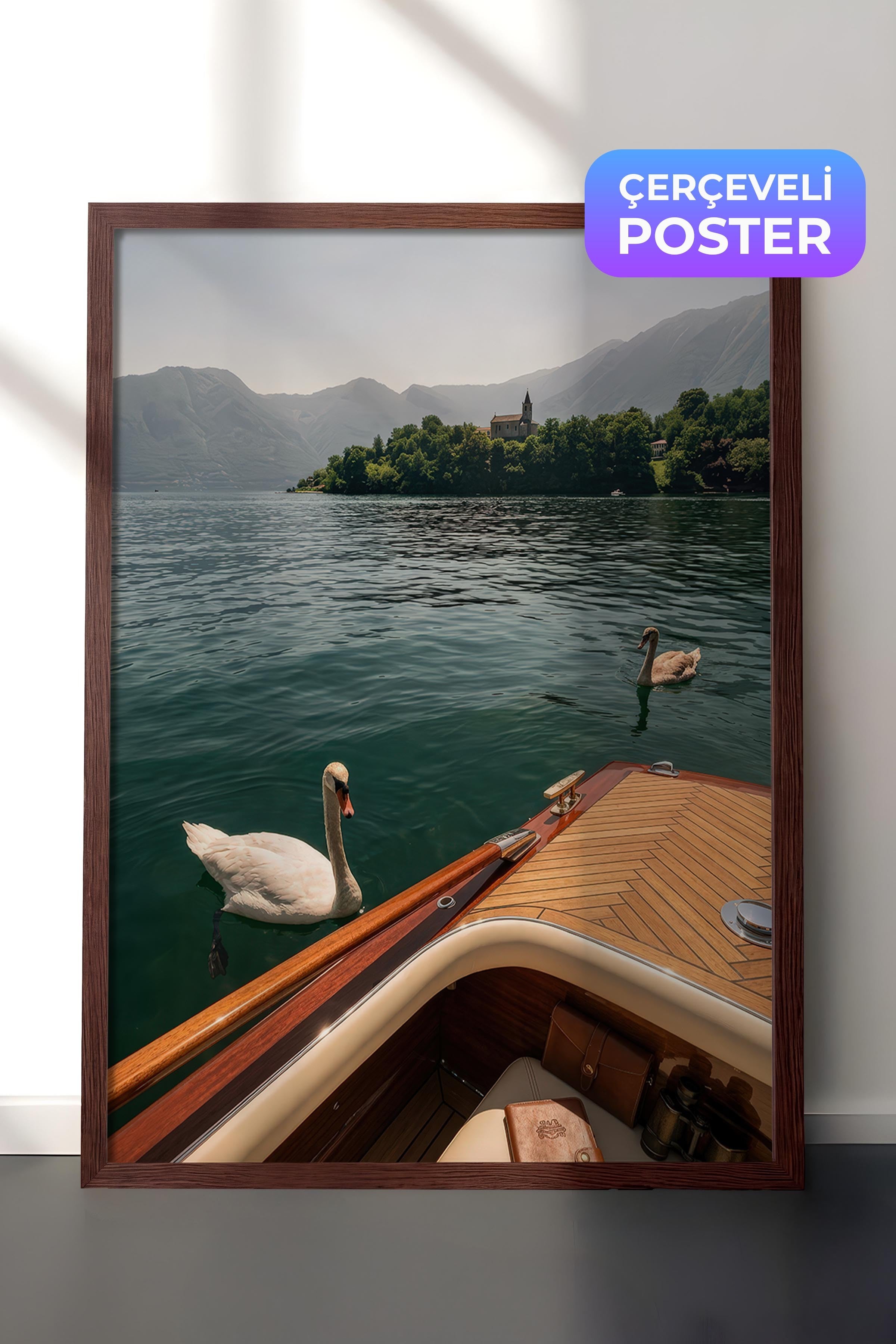 Kuğular ve Göl Manzarası Posteri, Kahverengi Çerçeveli Poster, Old Money Serisi, NO:113174