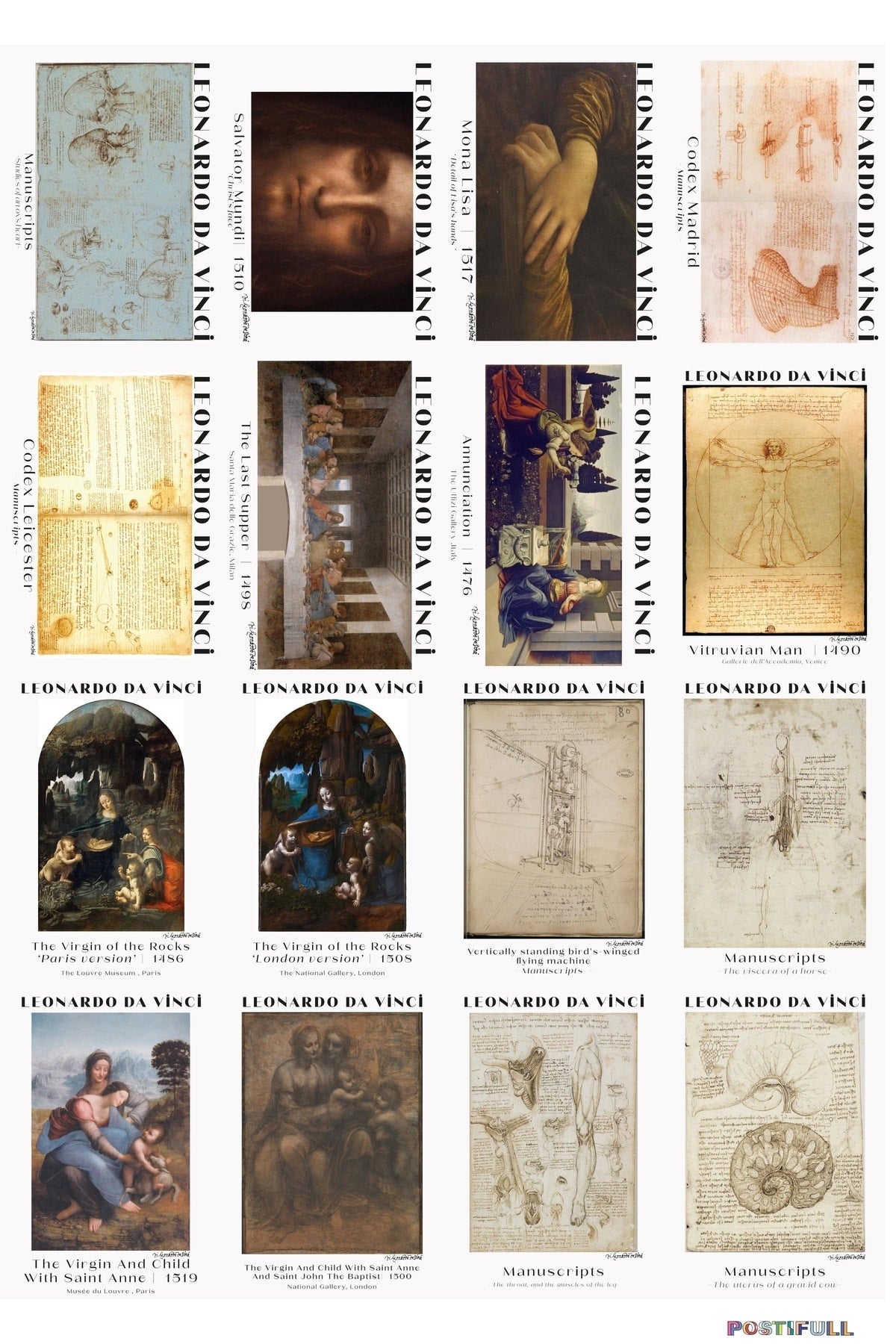 Leonardo Da Vinci Kolaj Seti, Sanatsal Poster Kartları, Bant Hediyeli - 50 Adet 10*15cm