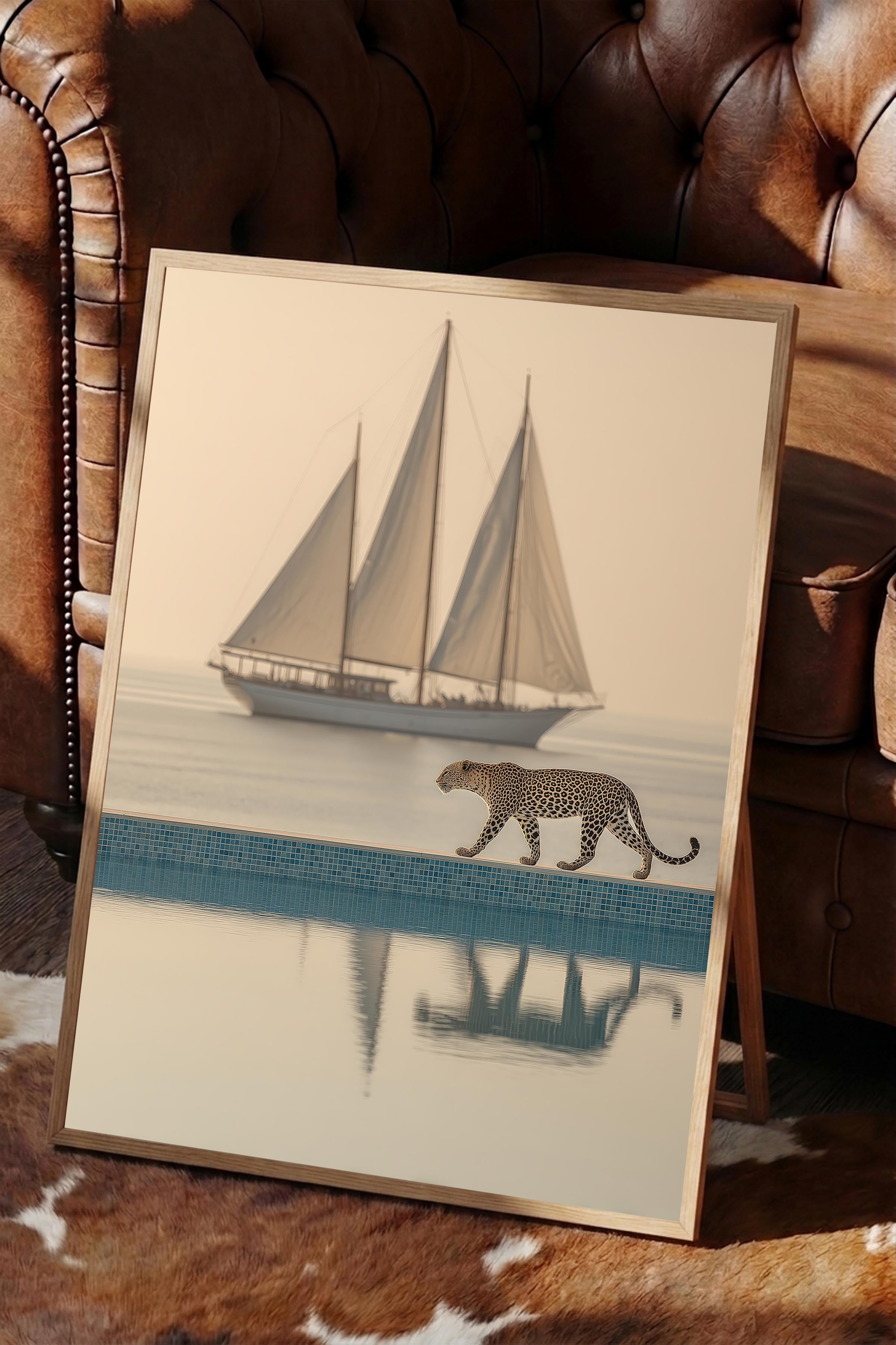 Leopar ve Yelkenli Posteri, Ahşap Çerçeveli Poster, Old Money Serisi, NO:113218