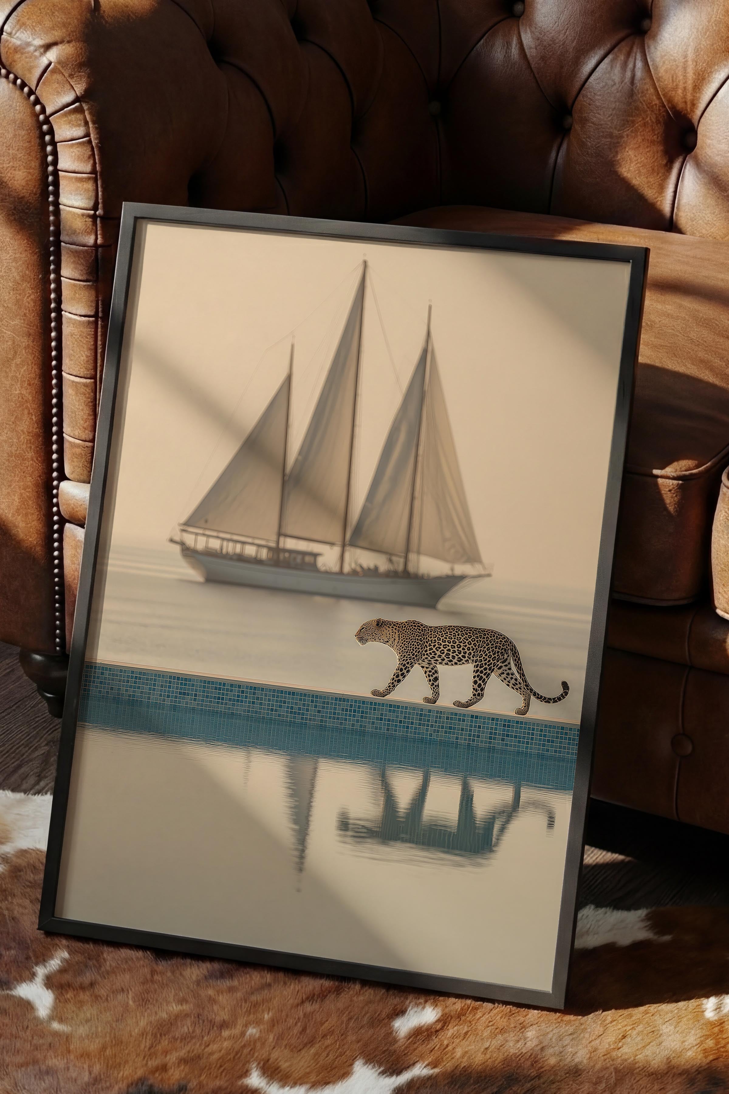 Leopar ve Yelkenli Posteri, Siyah Çerçeveli Poster, Old Money Serisi, NO:113218