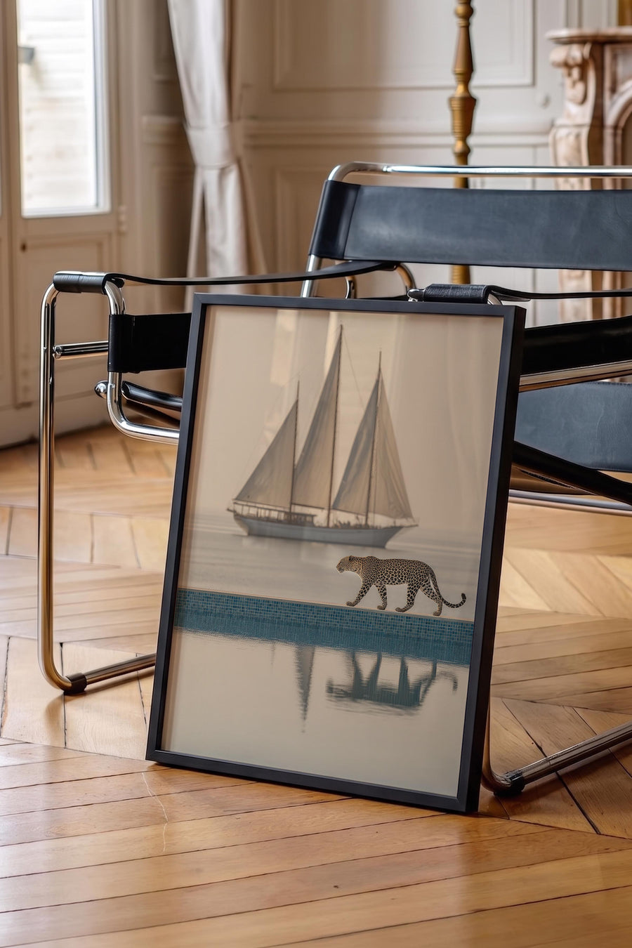 Leopar ve Yelkenli Old Money Poster – Siyah Çerçeveli Tablo