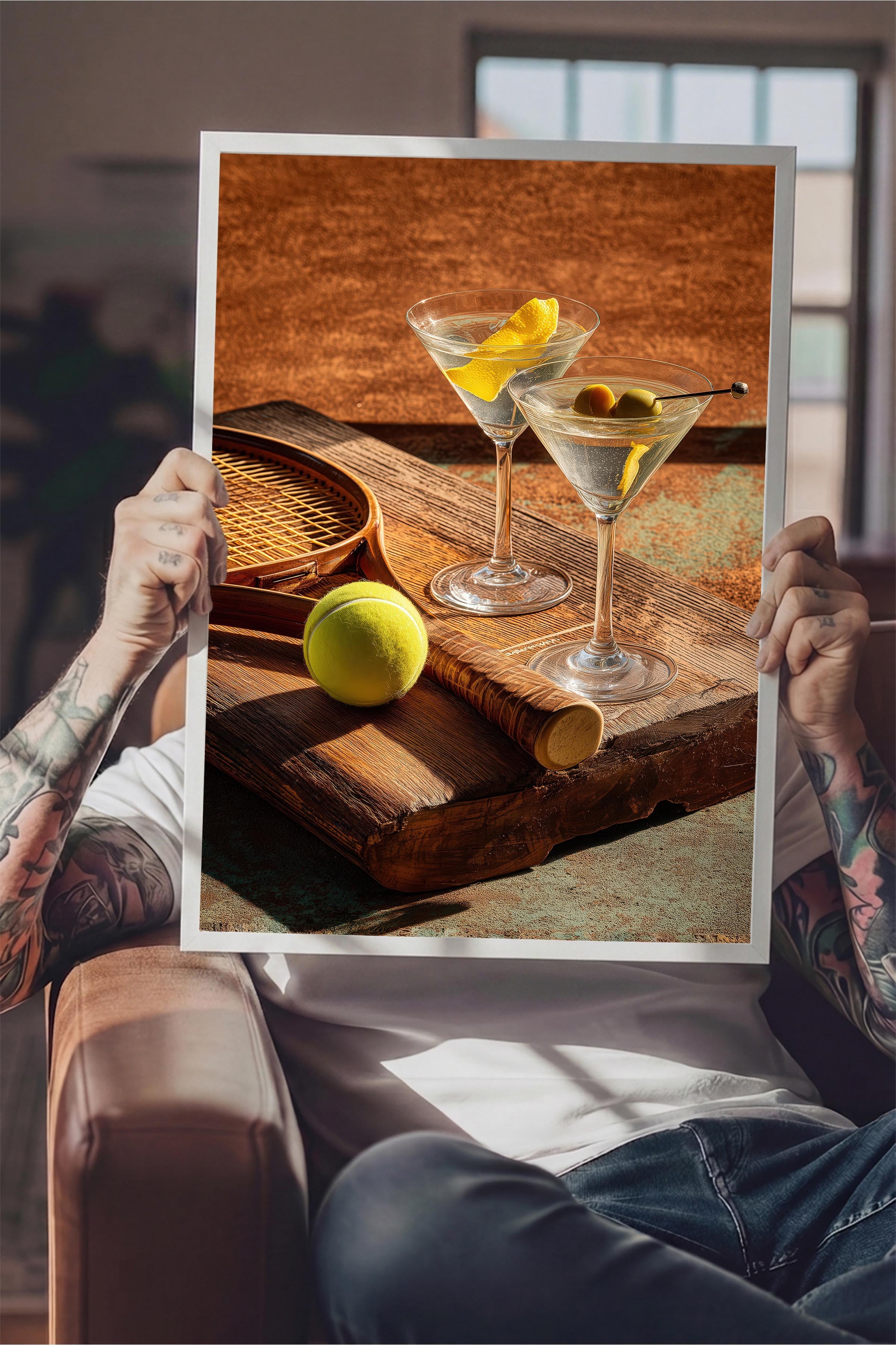 Martini ve Tenis Posteri, Beyaz Çerçeveli Poster, Old Money Serisi, NO:113226