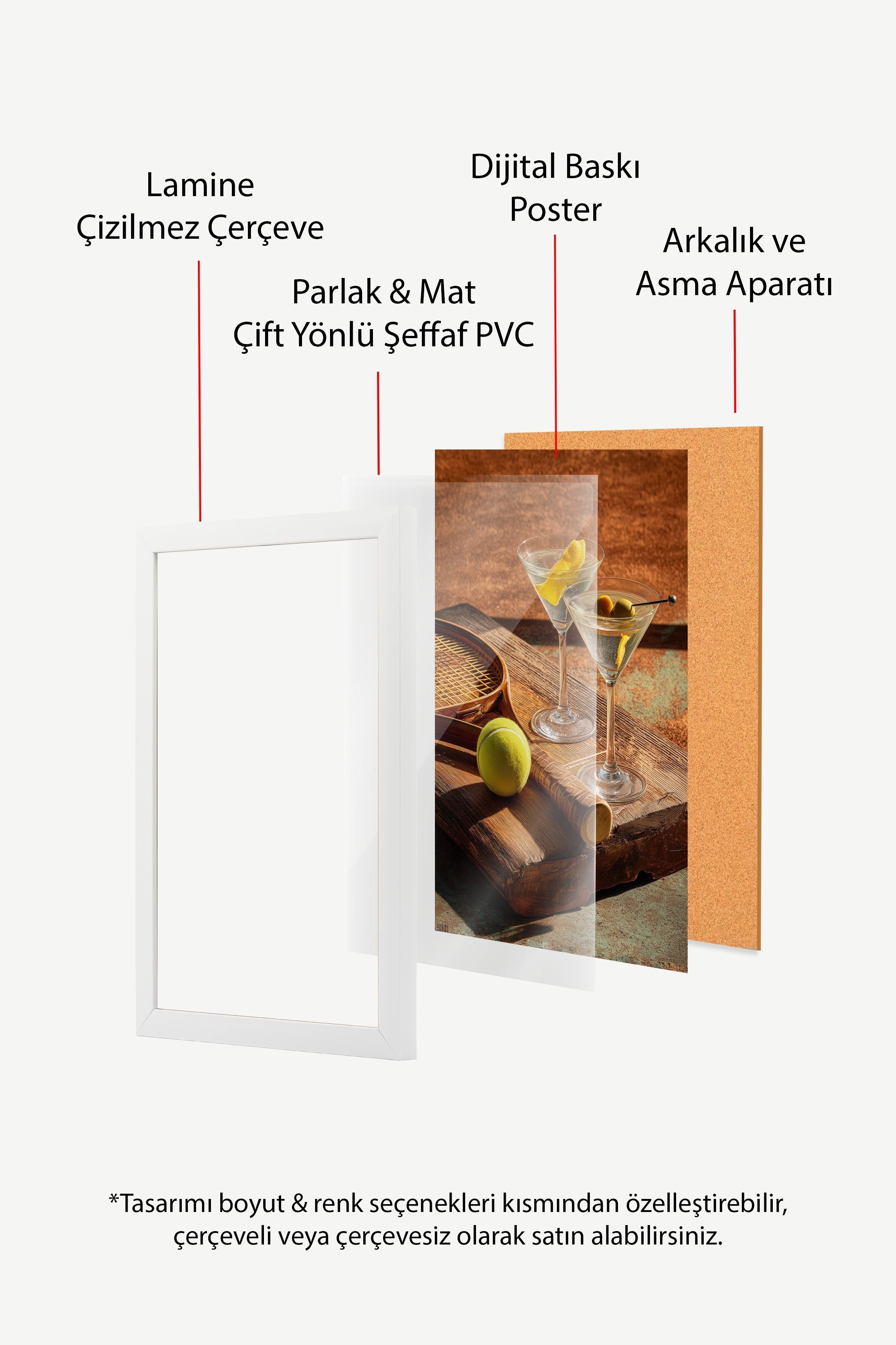 Martini ve Tenis Posteri, Beyaz Çerçeveli Poster, Old Money Serisi, NO:113226