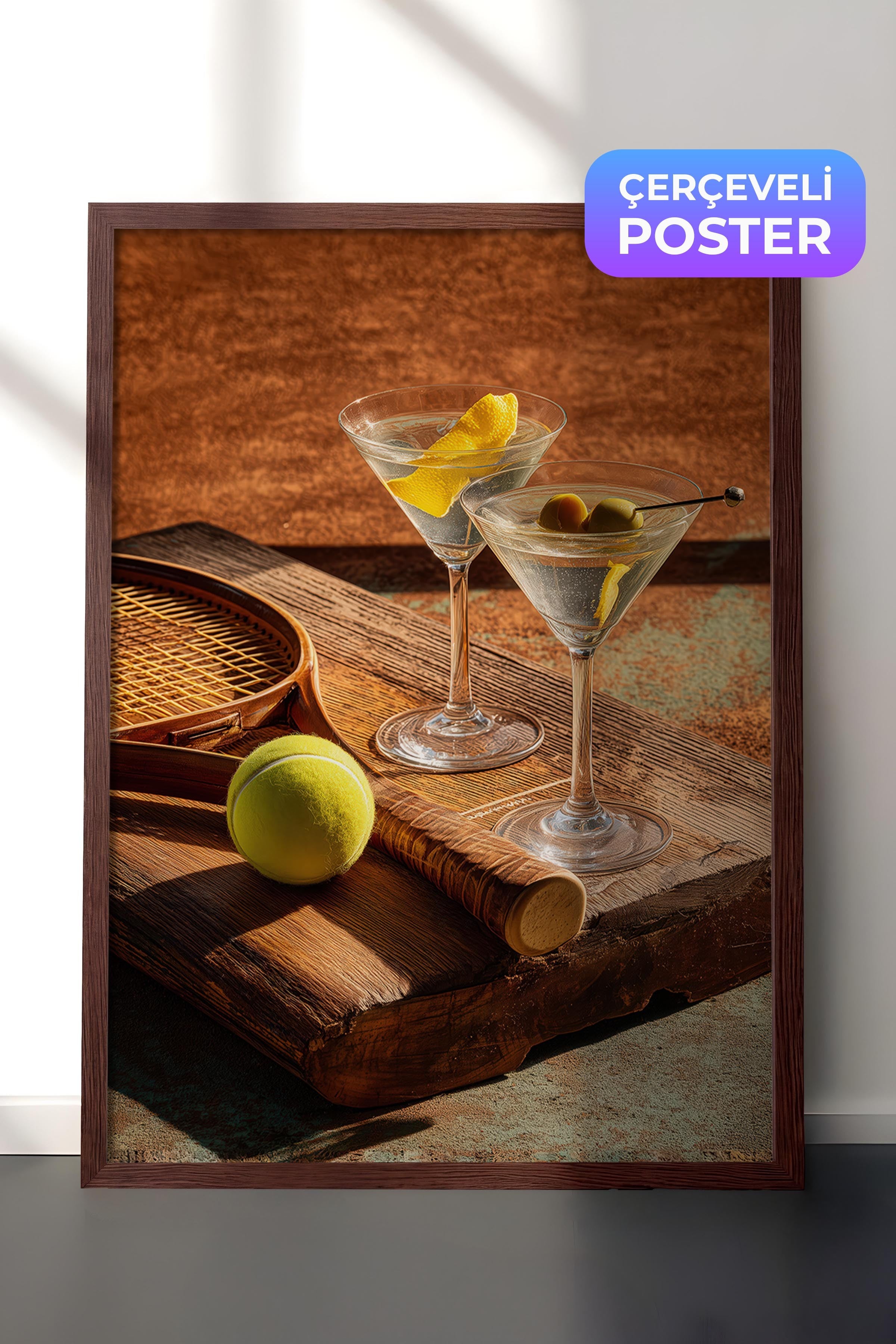 Martini ve Tenis Posteri, Kahverengi Çerçeveli Poster, Old Money Serisi, NO:113226