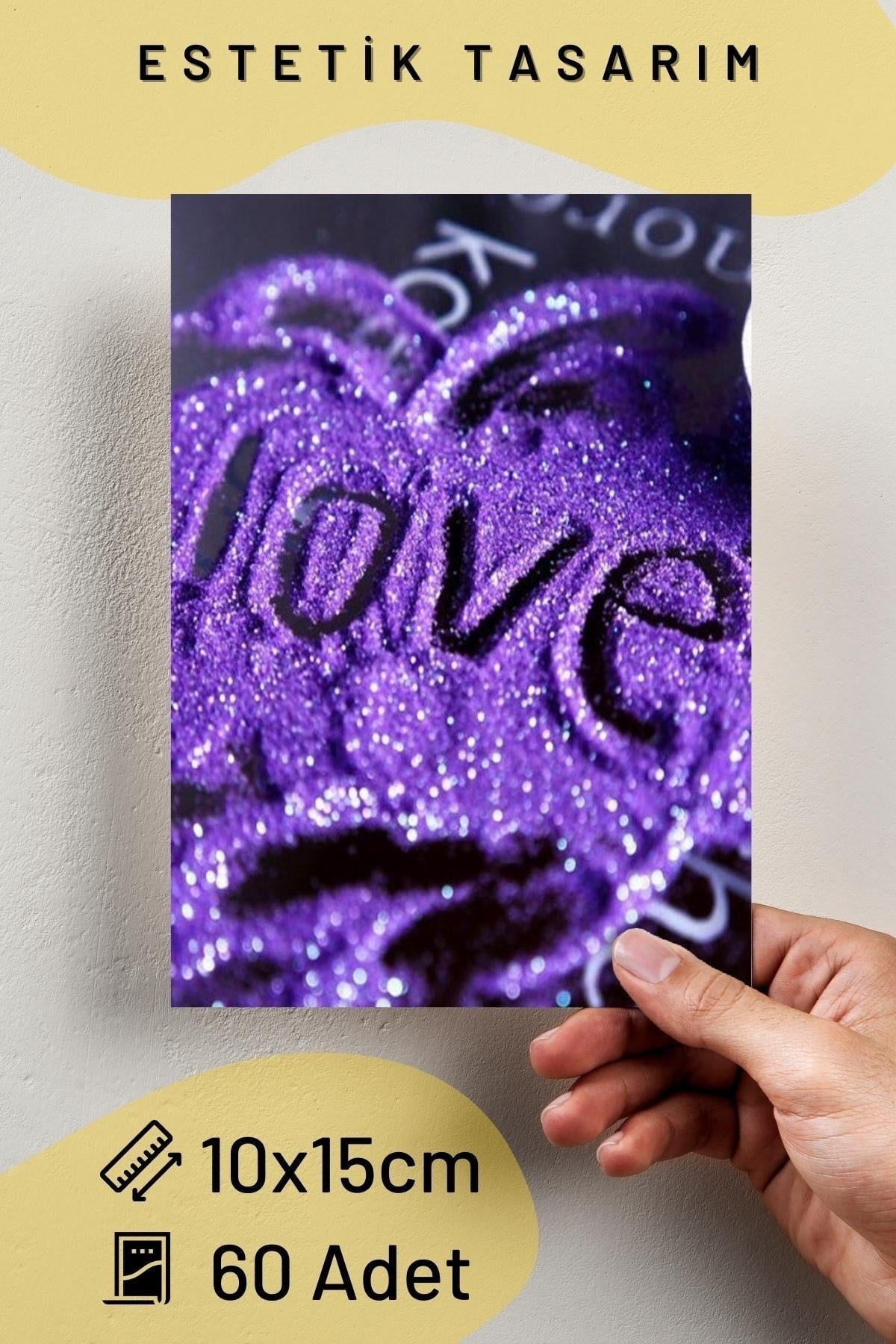 Mor Duvar Poster Seti - 60 Adet - Arkası Yapışkanlı Kolaj Seti - 10cm*15cm - Kutulu Set