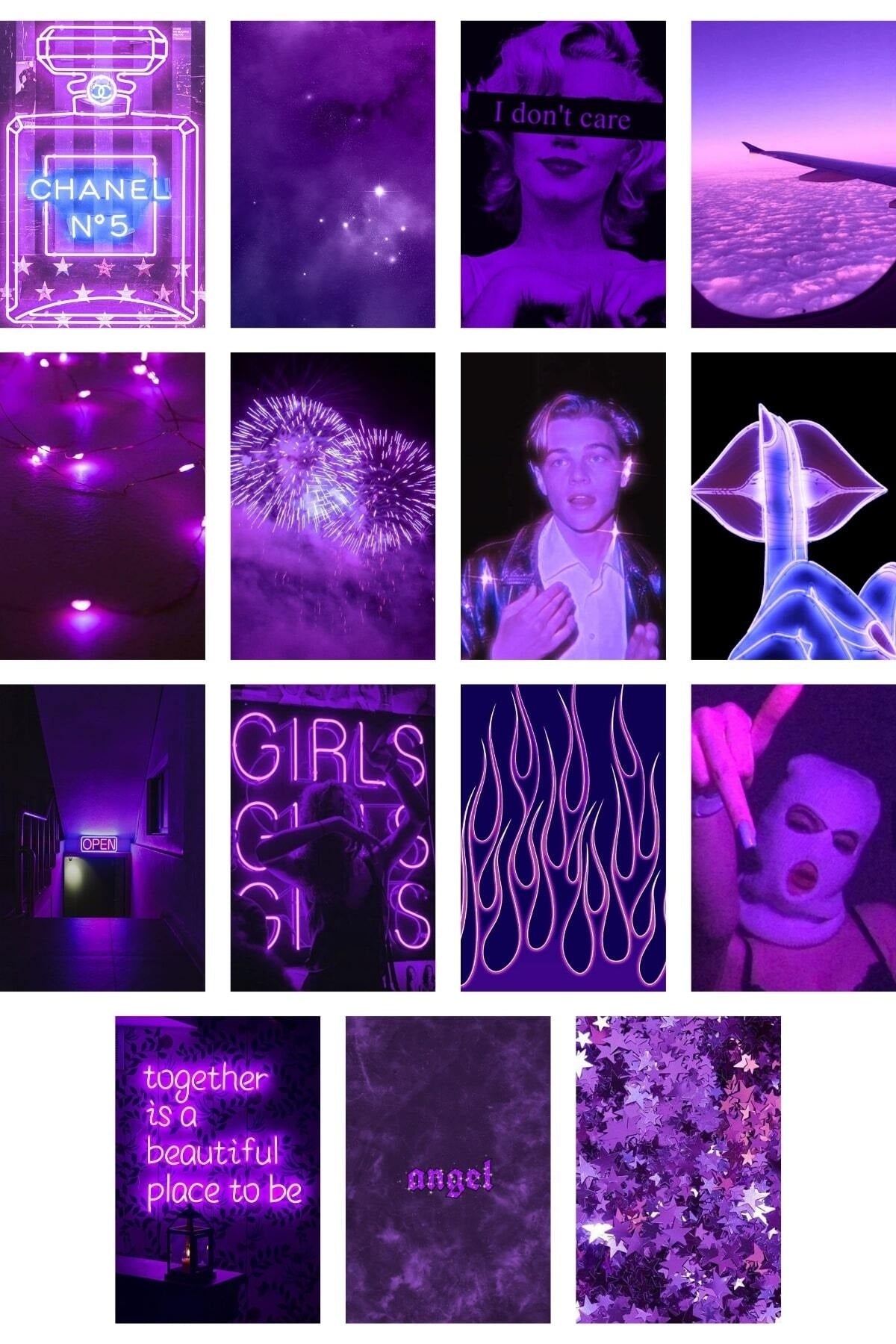 Mor Duvar Poster Seti - 60 Adet - Arkası Yapışkanlı Kolaj Seti - 10cm*15cm - Kutulu Set