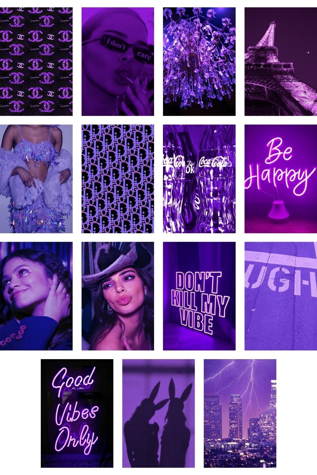 Mor Duvar Poster Seti - 60 Adet - Arkası Yapışkanlı Kolaj Seti - 10cm*15cm - Kutulu Set