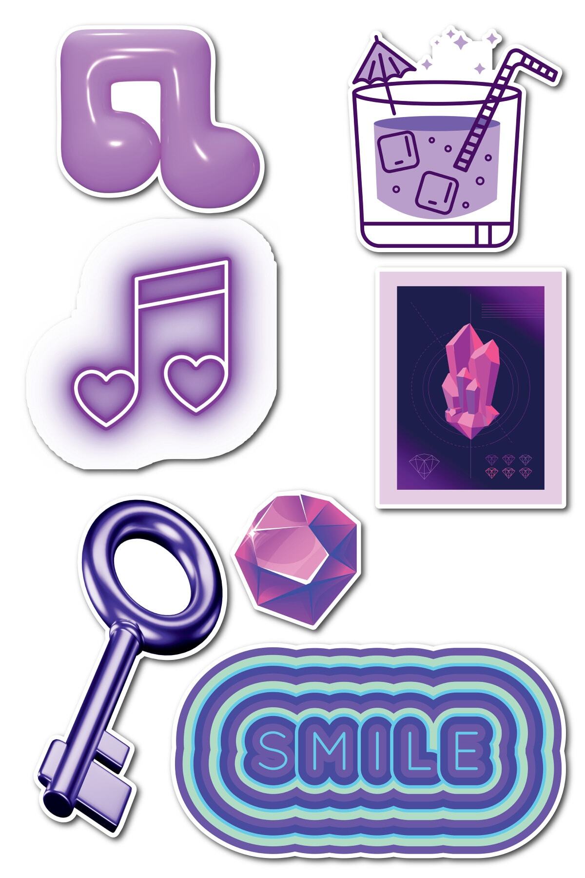 Mor Temalı Sticker Seti - 7 Adet Etiket Seti- Telefon, Tablet, Defter Laptop Uyumlu Etiket