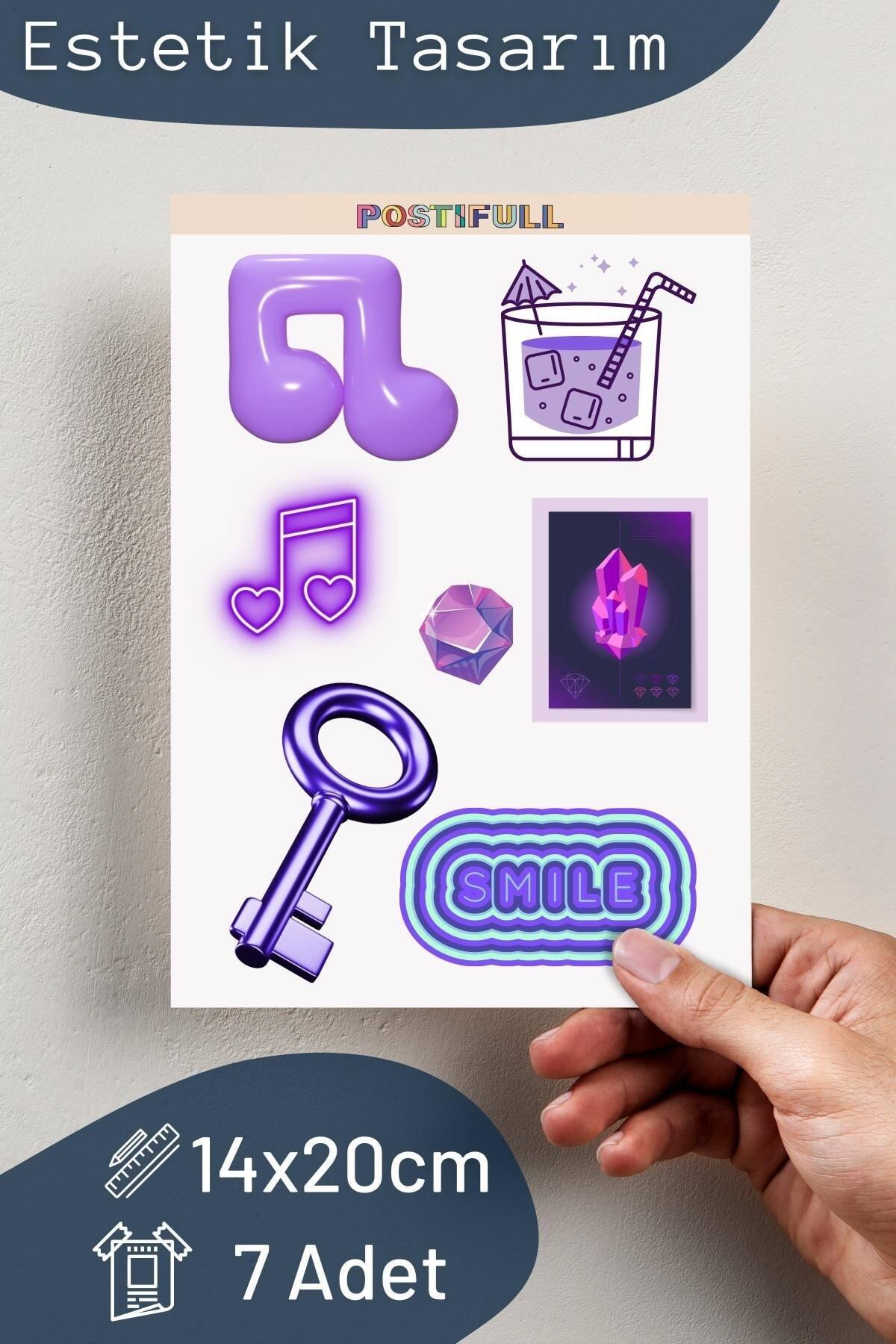 Mor Temalı Sticker Seti - 7 Adet Etiket Seti- Telefon, Tablet, Defter Laptop Uyumlu Etiket