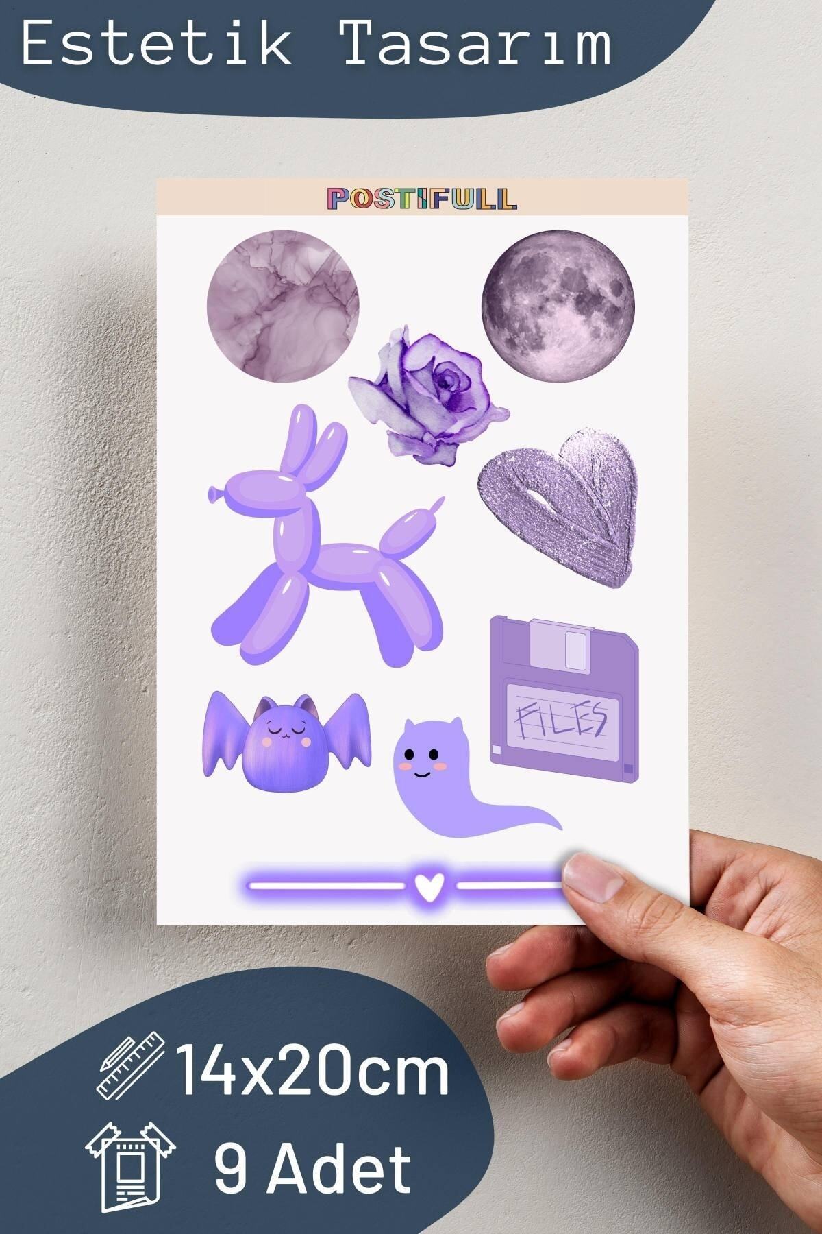 Mor Temalı Sticker Seti - 9 Adet Etiket Seti- Telefon, Tablet, Defter Laptop Uyumlu Etiket