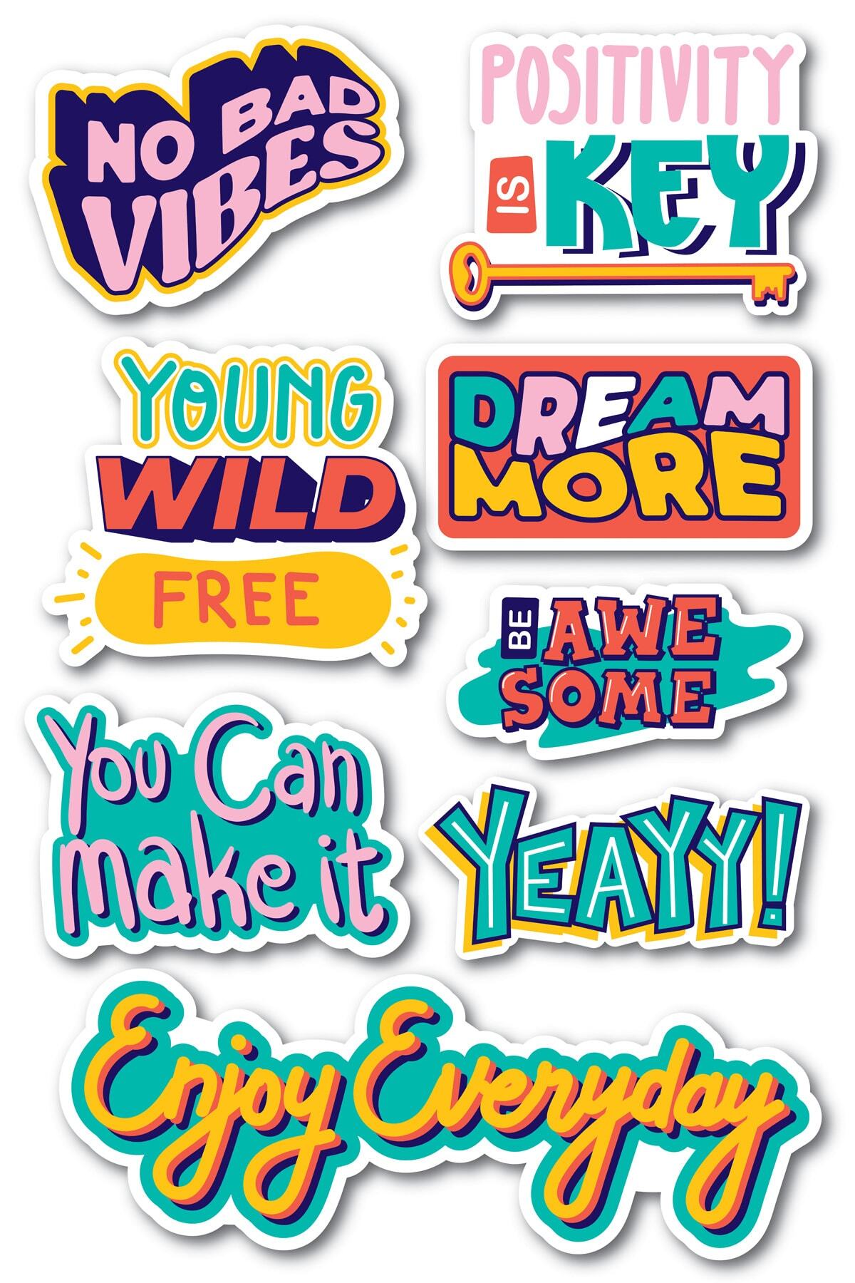 Motivasyon Temalı Sticker Seti - 8 Adet Etiket Seti- Telefon, Tablet, Defter Laptop Uyumlu Etiket