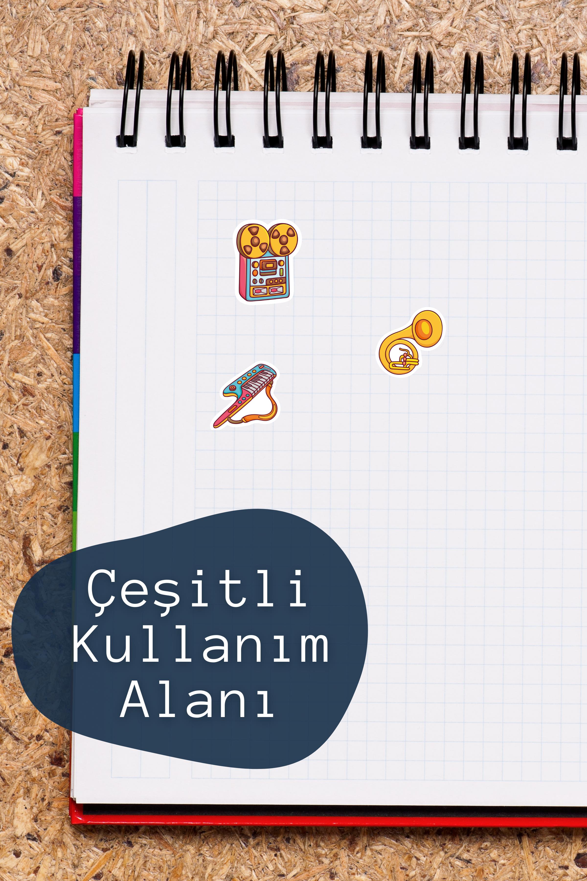 Müzik Temalı Sticker ve Etiket Seti - Orta Boy - Su Geçirmez, Kalın Yapışkanlı Sticker Seti