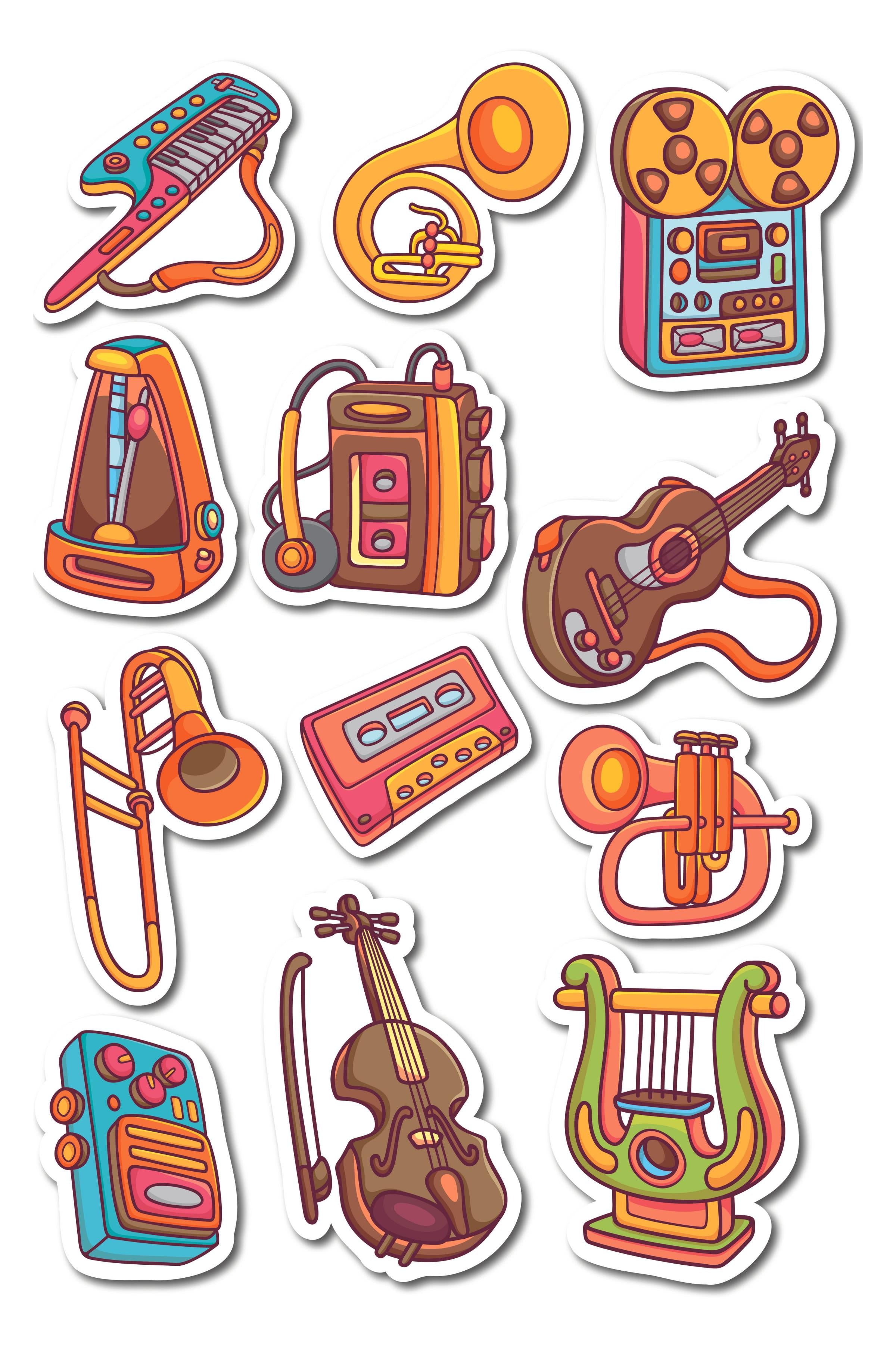 Müzik Temalı Sticker ve Etiket Seti - Orta Boy - Su Geçirmez, Kalın Yapışkanlı Sticker Seti