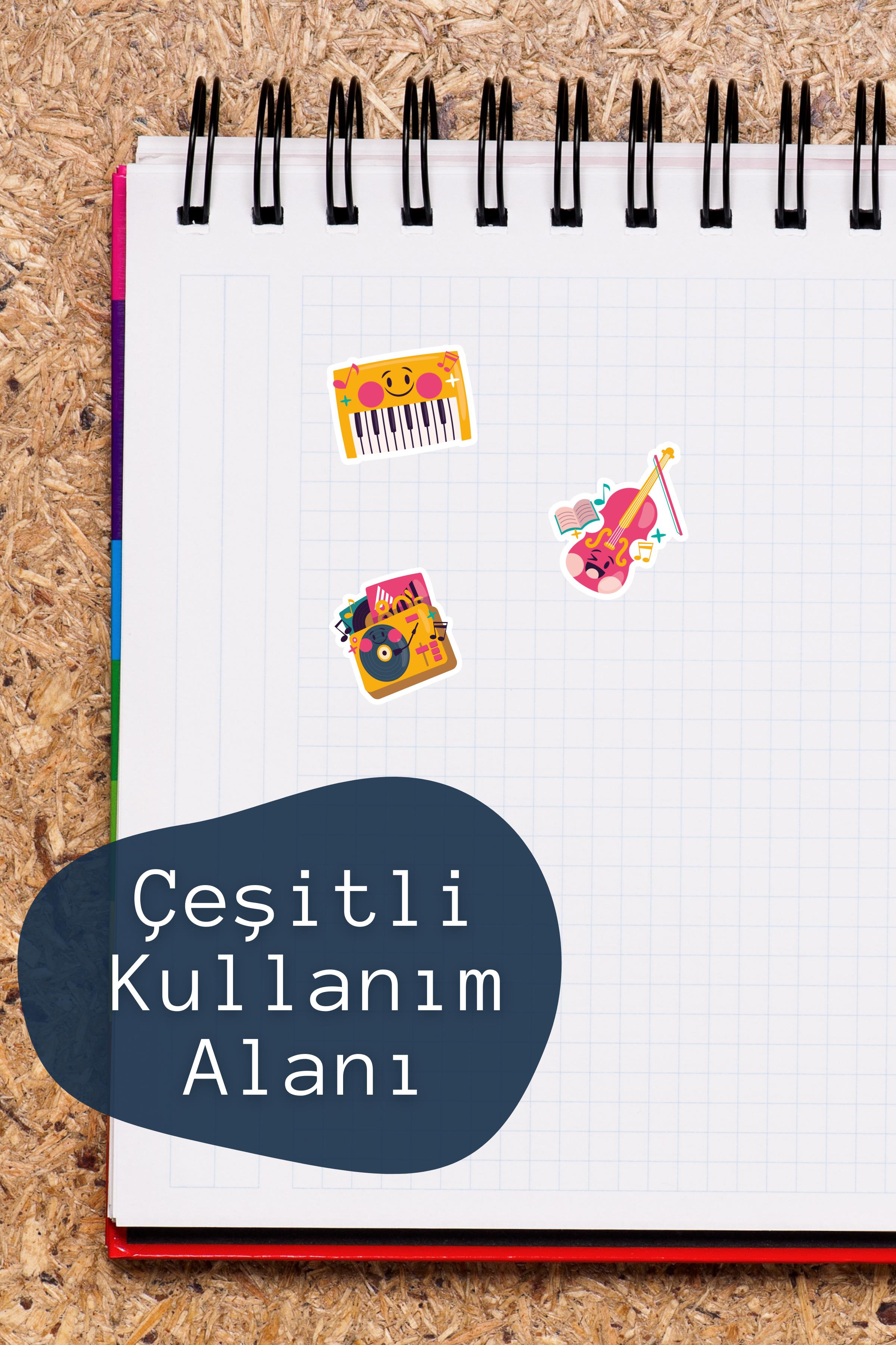 Müzik Temalı Sticker ve Etiket Seti - Orta Boy - Su Geçirmez, Kalın Yapışkanlı Sticker Seti