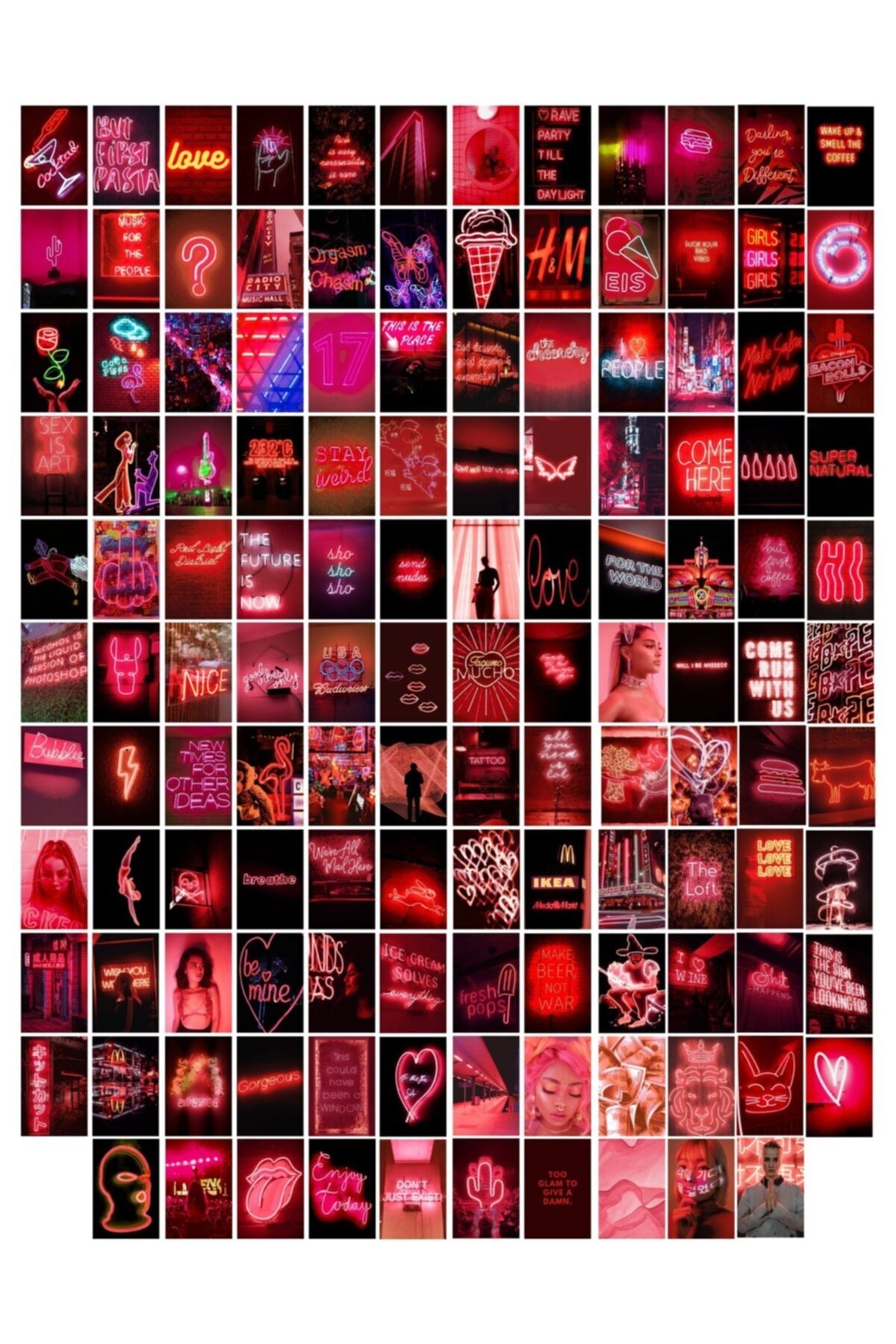 Neon Temalı Poster Seti - Kırmızı - Arkası Yapışkanlı Poster Kolaj Seti - 130 Adet - 10cm*15cm
