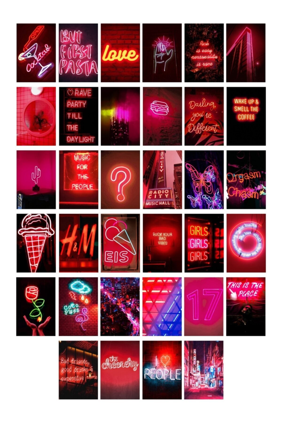 Neon Temalı Poster Seti - Kırmızı - Arkası Yapışkanlı Poster Kolaj Seti - 130 Adet - 10cm*15cm