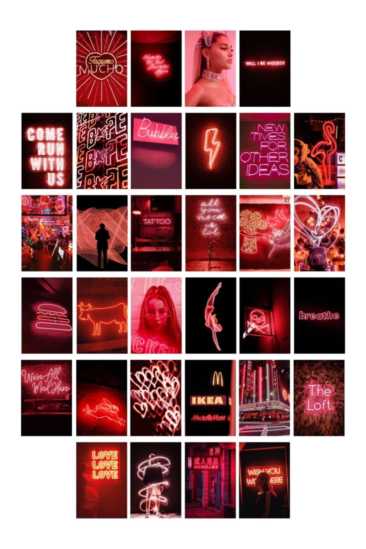 Neon Temalı Poster Seti - Kırmızı - Arkası Yapışkanlı Poster Kolaj Seti - 130 Adet - 10cm*15cm