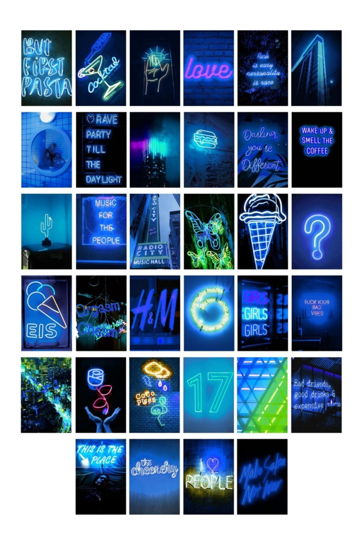 Neon Temalı Poster Seti - Lacivert - Arkası Yapışkanlı Poster Kolaj Seti - 130 Adet - 10cm*15cm
