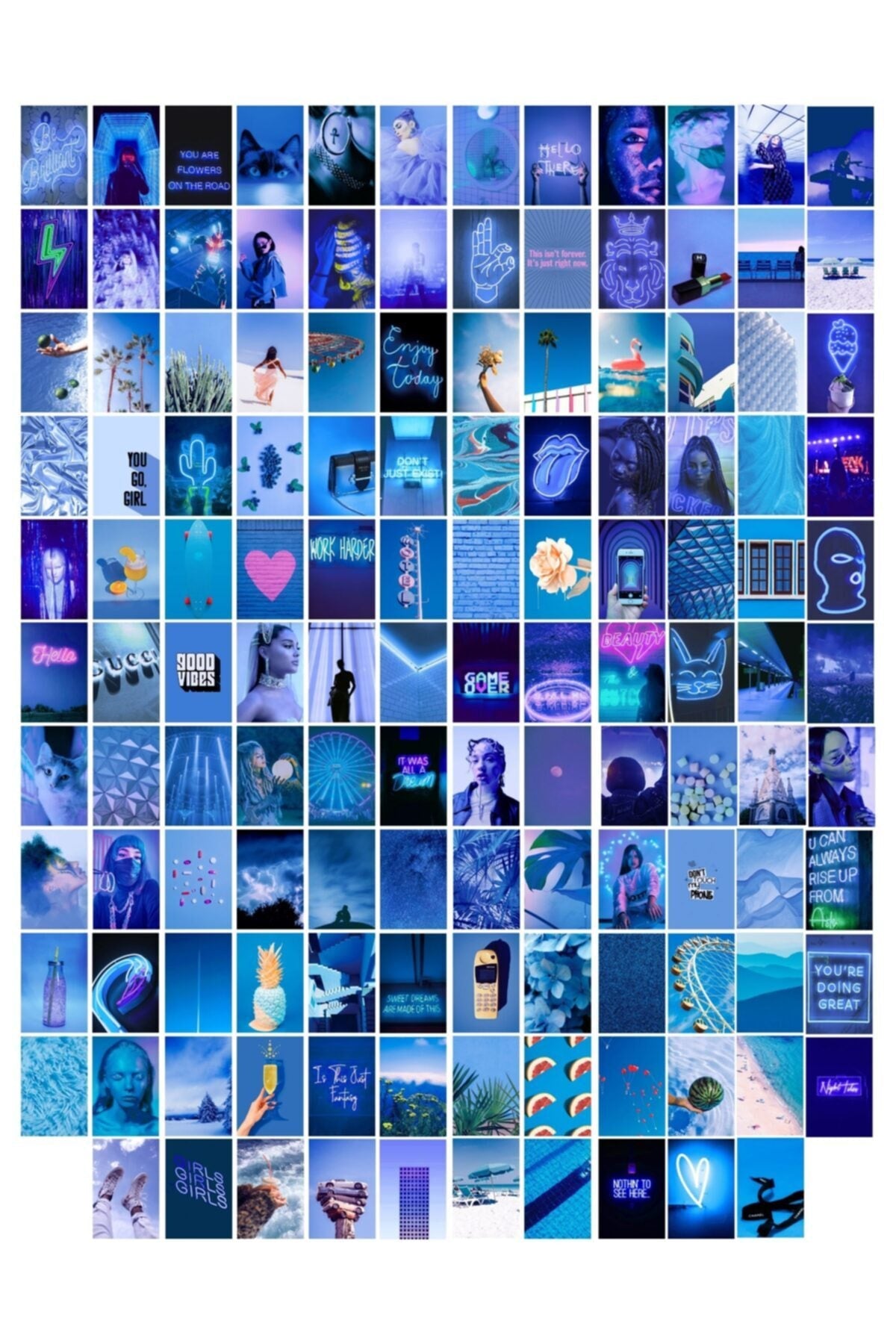 Neon Temalı Poster Seti - Mavi - Arkası Yapışkanlı Poster Kolaj Seti - 130 Adet - 10cm*15cm