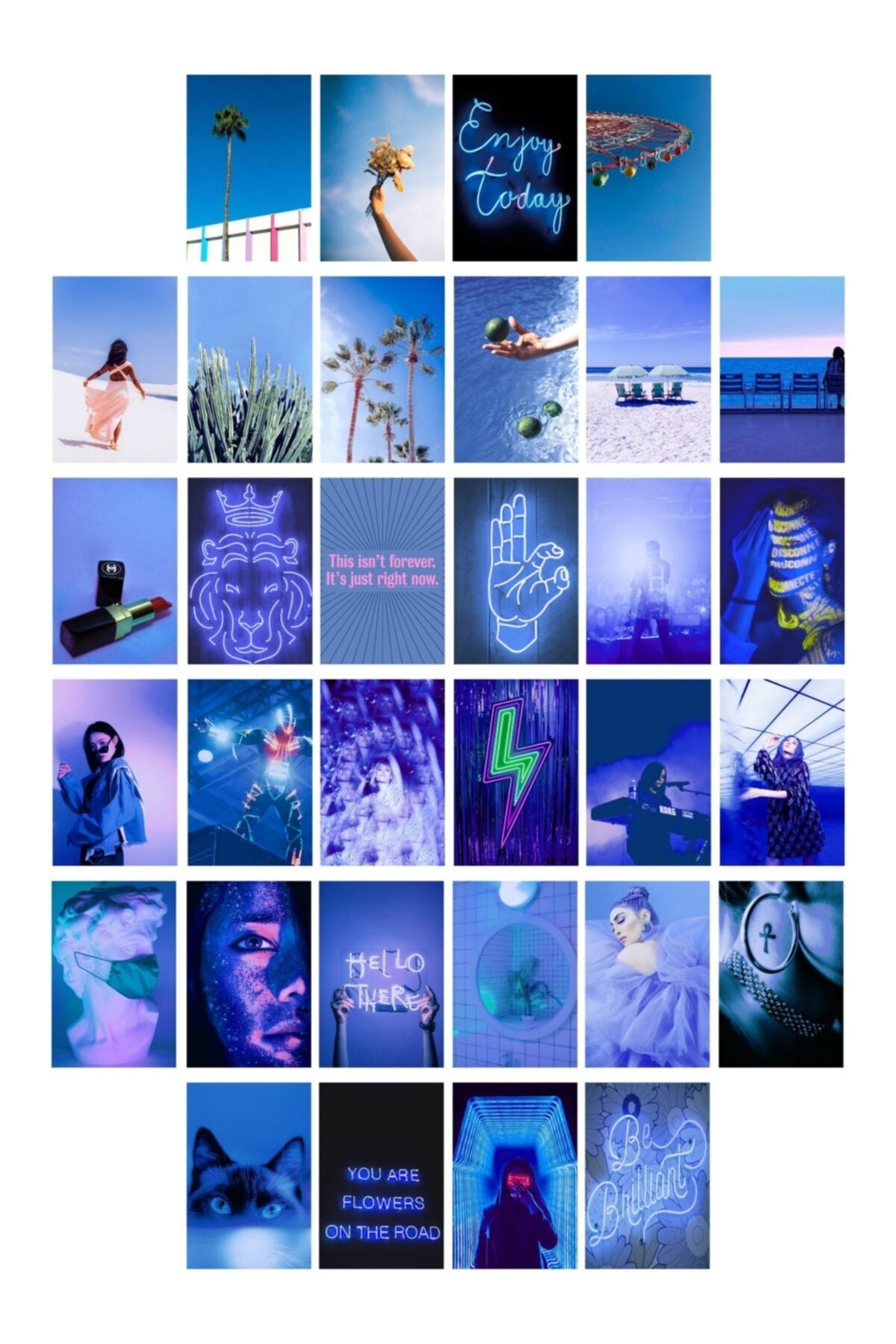 Neon Temalı Poster Seti - Mavi - Arkası Yapışkanlı Poster Kolaj Seti - 130 Adet - 10cm*15cm