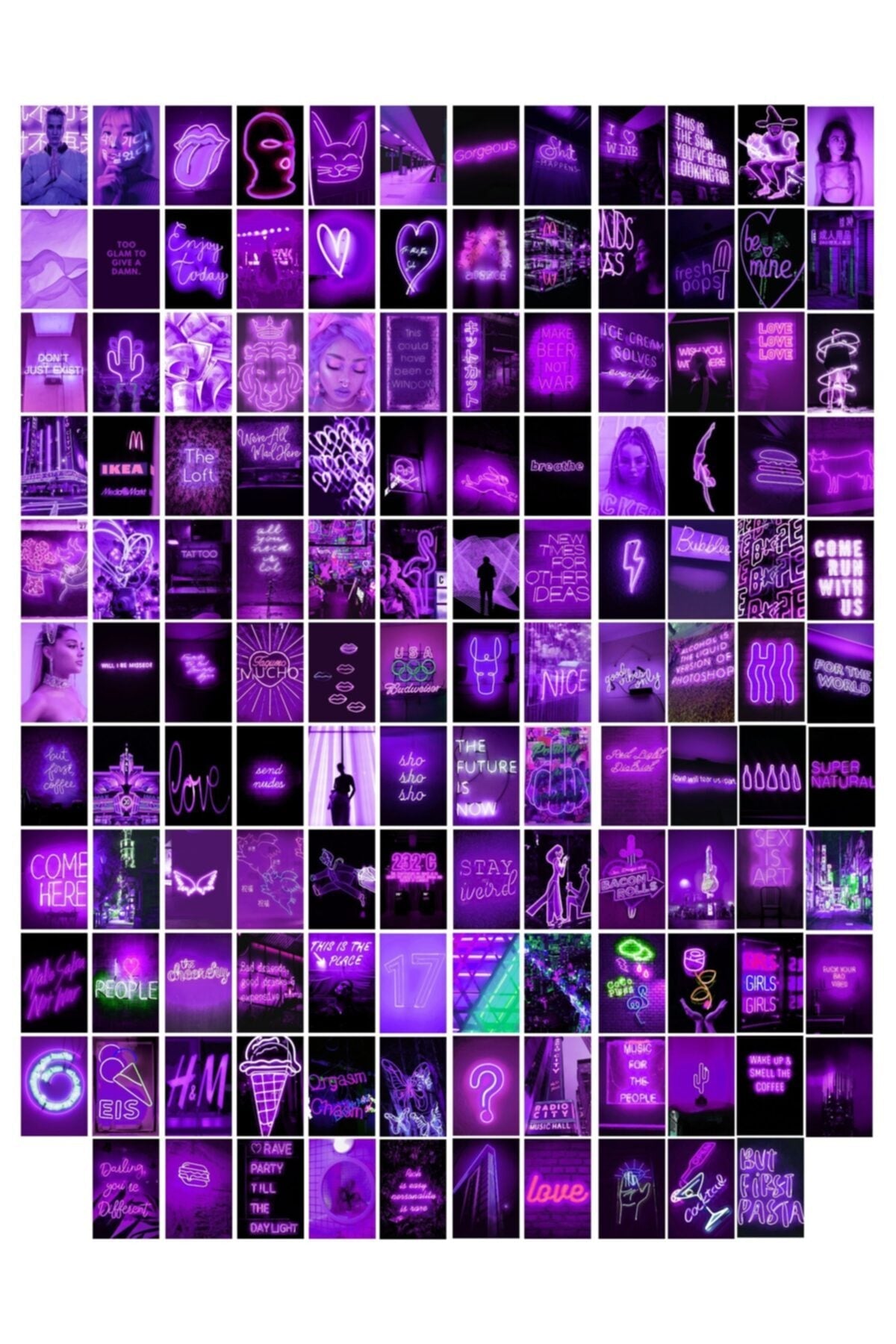 Neon Temalı Poster Seti - Mor - Arkası Yapışkanlı Poster Kolaj Seti - 130 Adet - 10cm*15cm