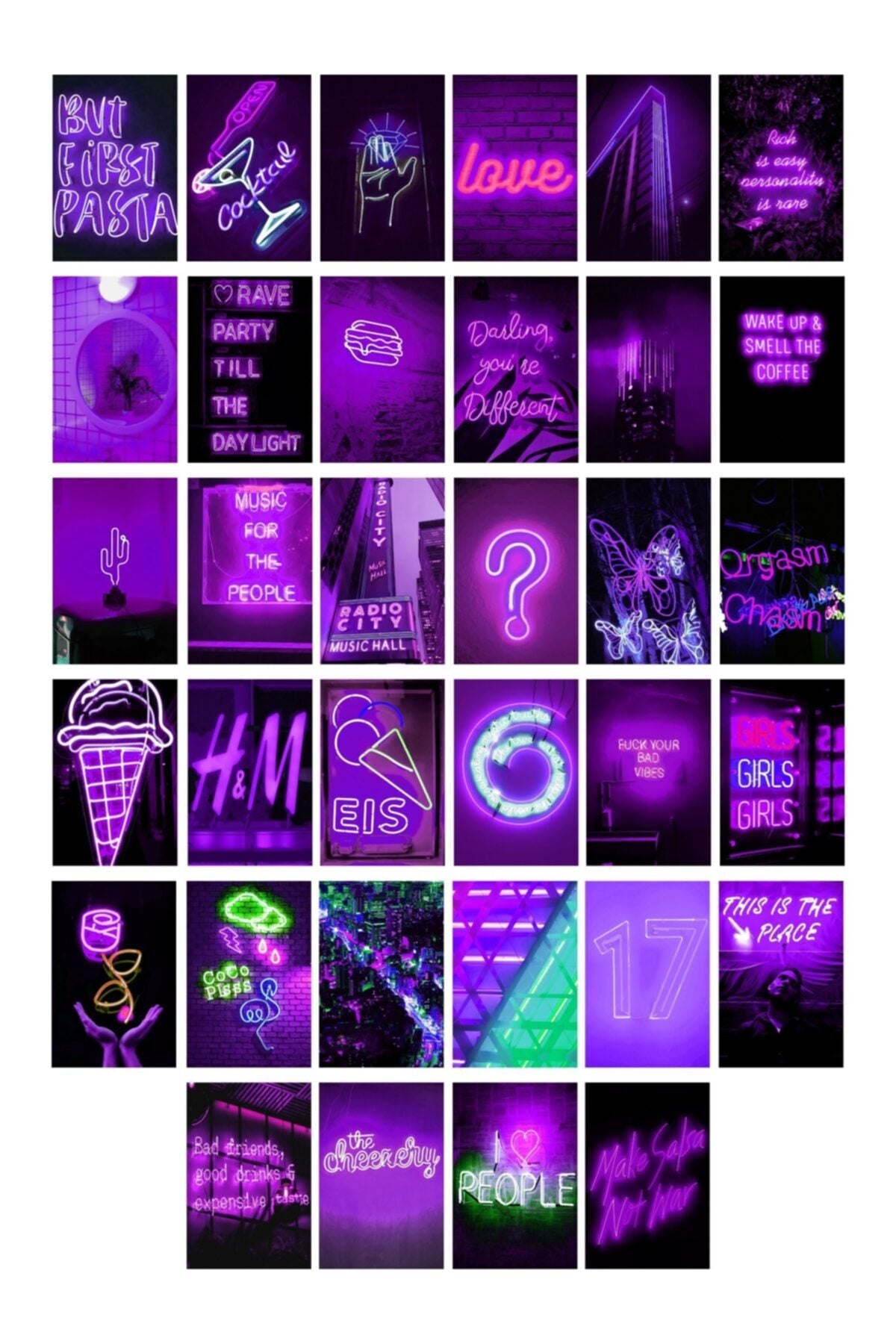 Neon Temalı Poster Seti - Mor - Arkası Yapışkanlı Poster Kolaj Seti - 130 Adet - 10cm*15cm