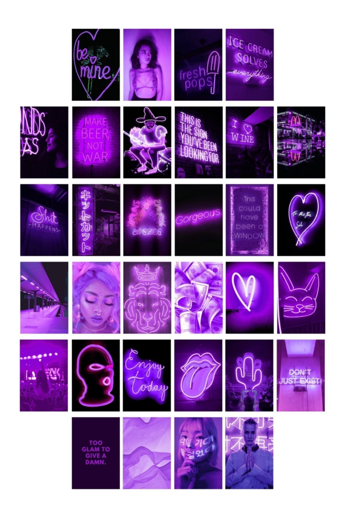 Neon Temalı Poster Seti - Mor - Arkası Yapışkanlı Poster Kolaj Seti - 130 Adet - 10cm*15cm