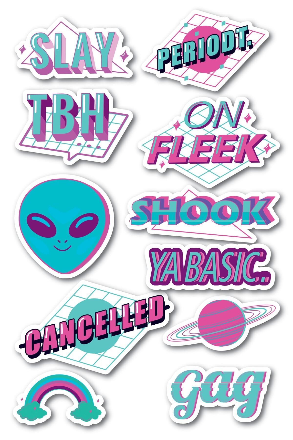 Neon Temalı Sticker Seti - 11 Adet Etiket Seti- Telefon, Tablet, Defter Laptop Uyumlu Etiket