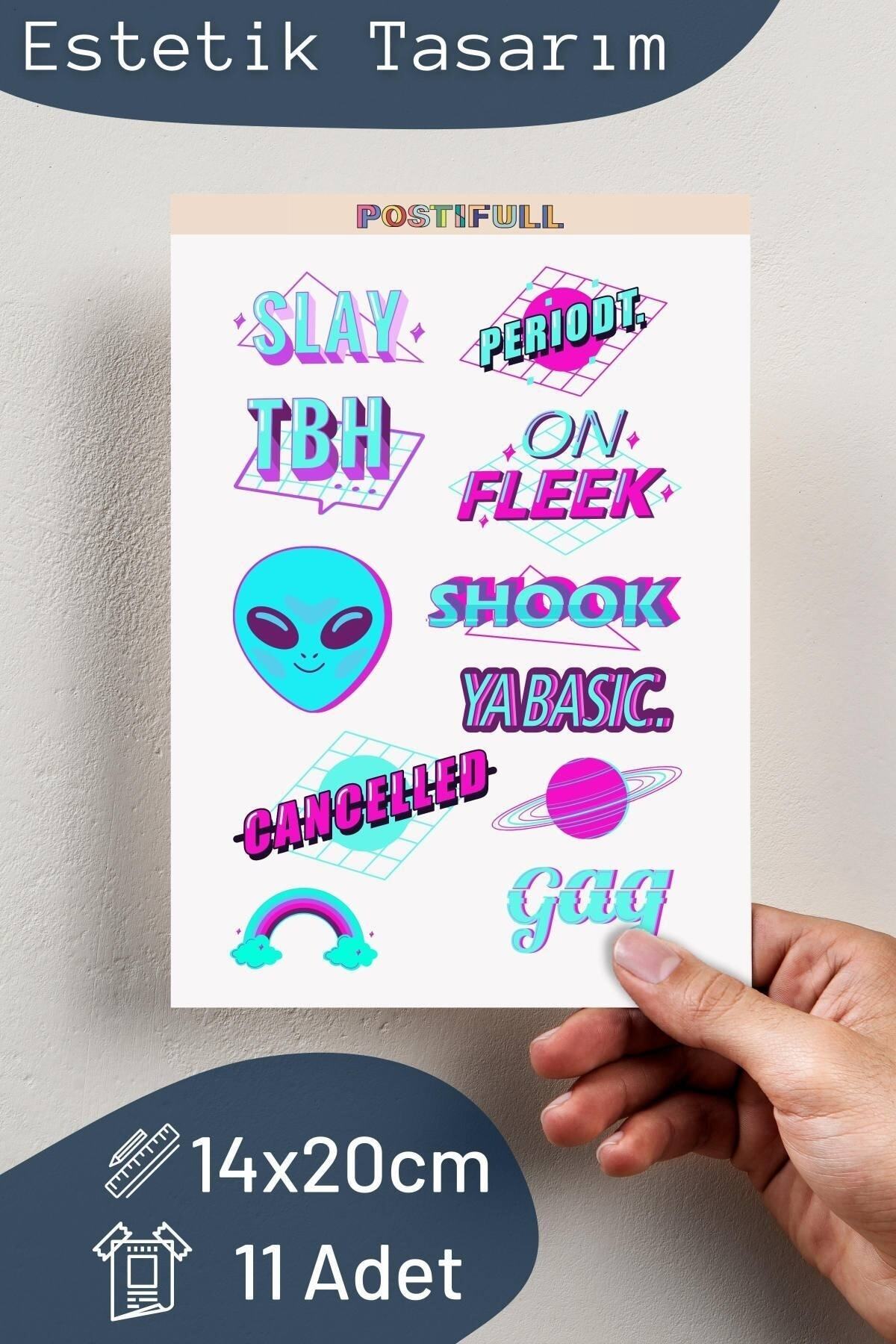 Neon Temalı Sticker Seti - 11 Adet Etiket Seti- Telefon, Tablet, Defter Laptop Uyumlu Etiket