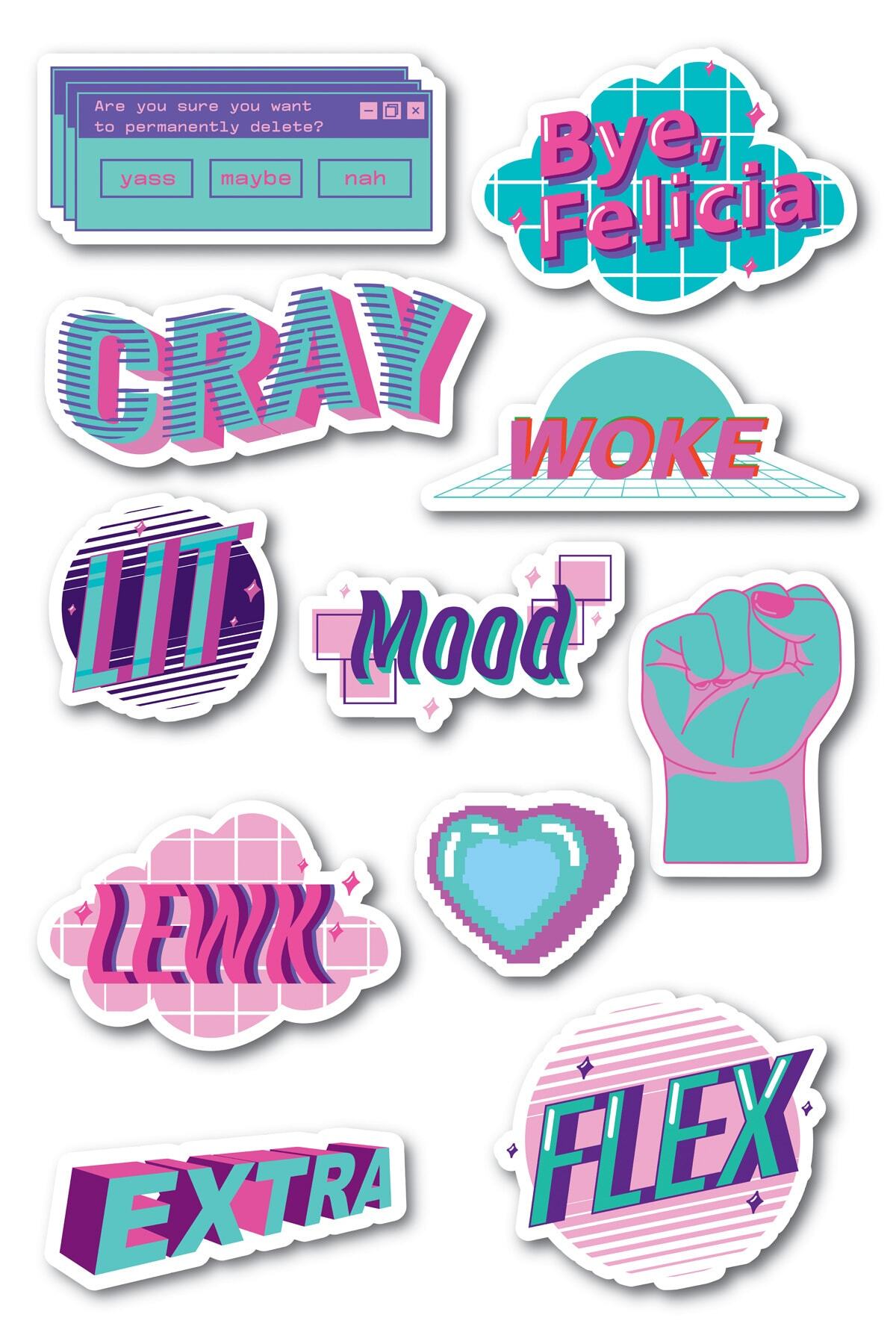 Neon Temalı Sticker Seti - 11 Adet Etiket Seti- Telefon, Tablet, Defter Laptop Uyumlu Etiket