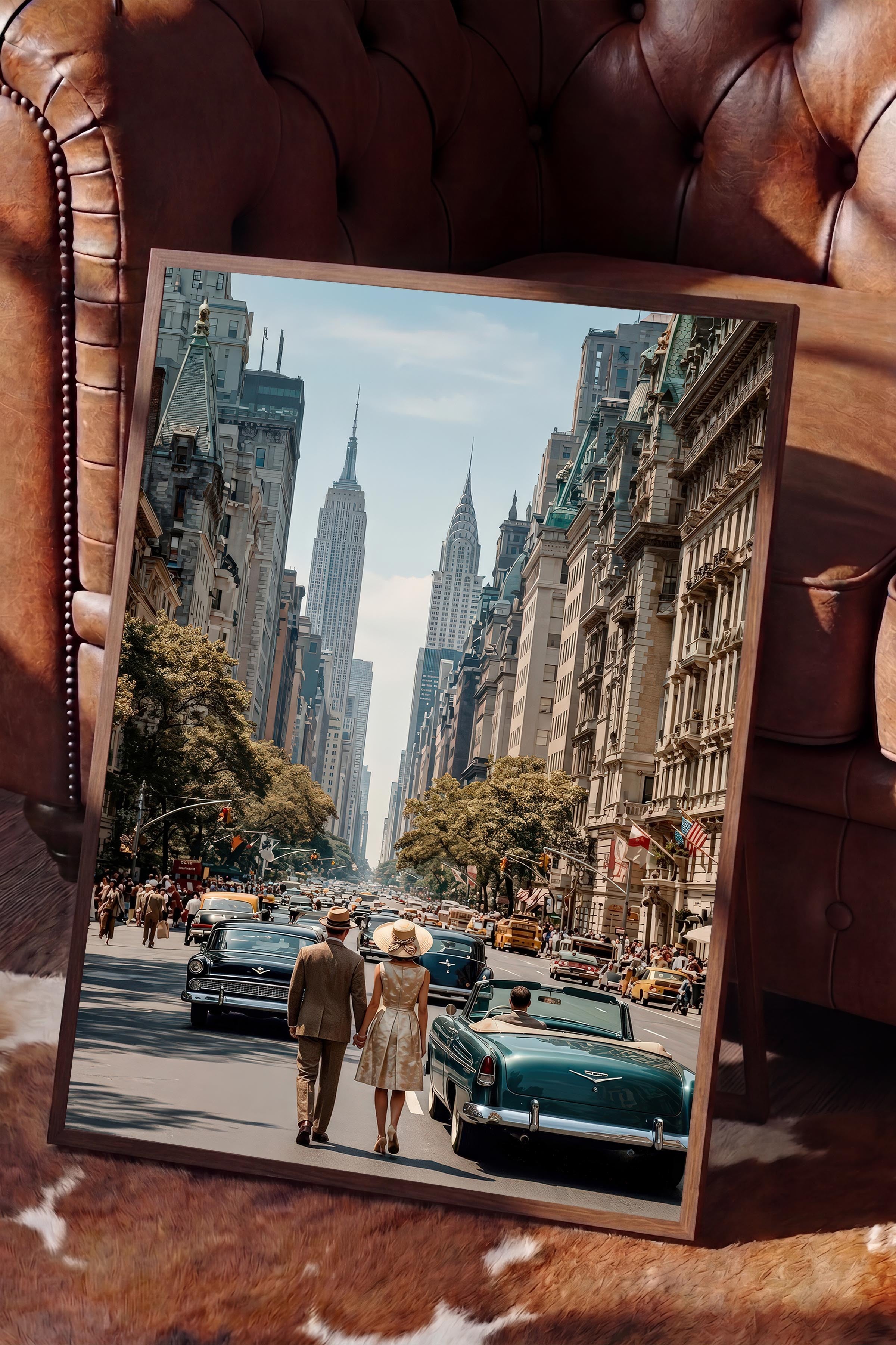 New York Şehir Manzarası Posteri, Kahverengi Çerçeveli Poster, Old Money Serisi, NO:113145