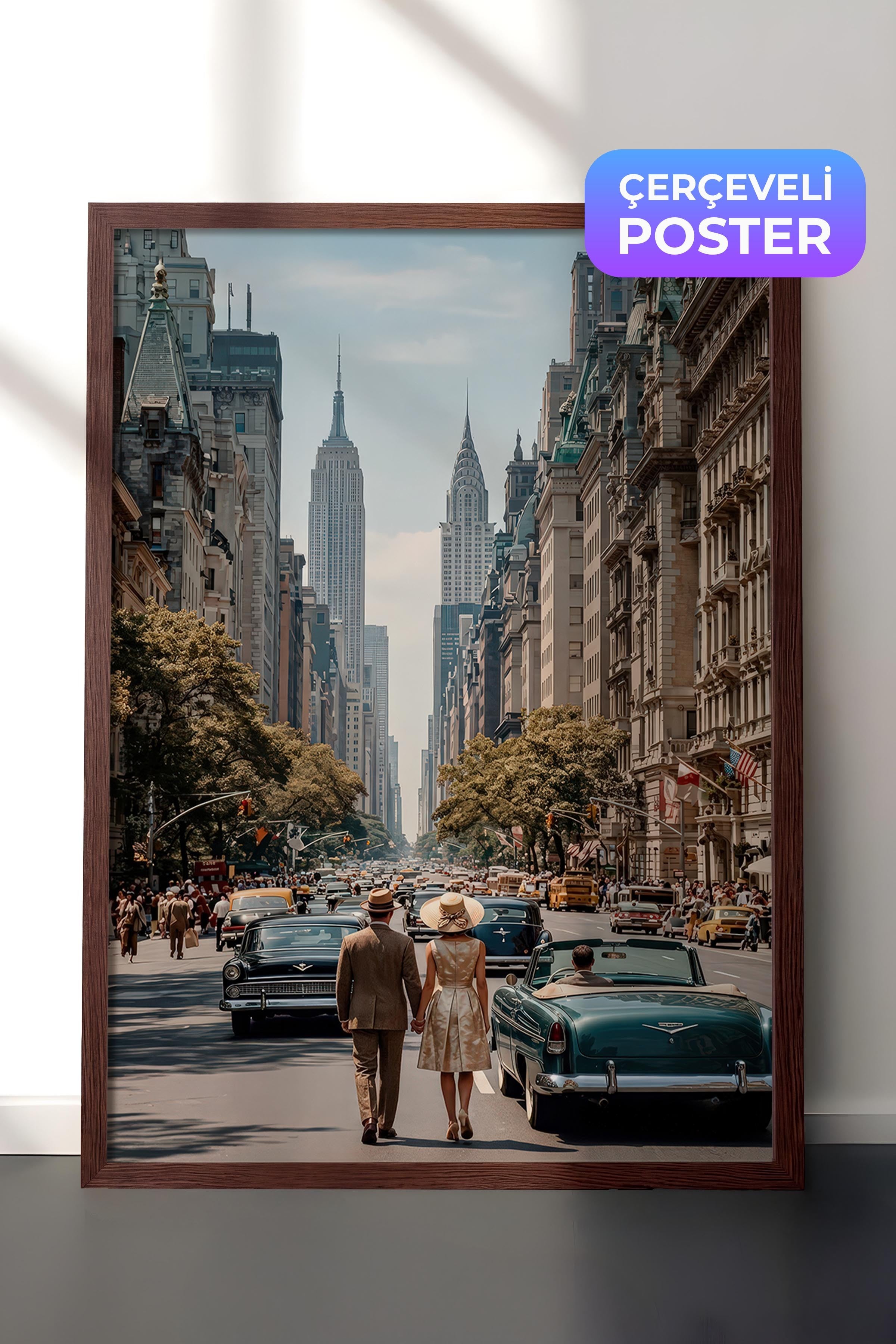 New York Şehir Manzarası Posteri, Kahverengi Çerçeveli Poster, Old Money Serisi, NO:113145